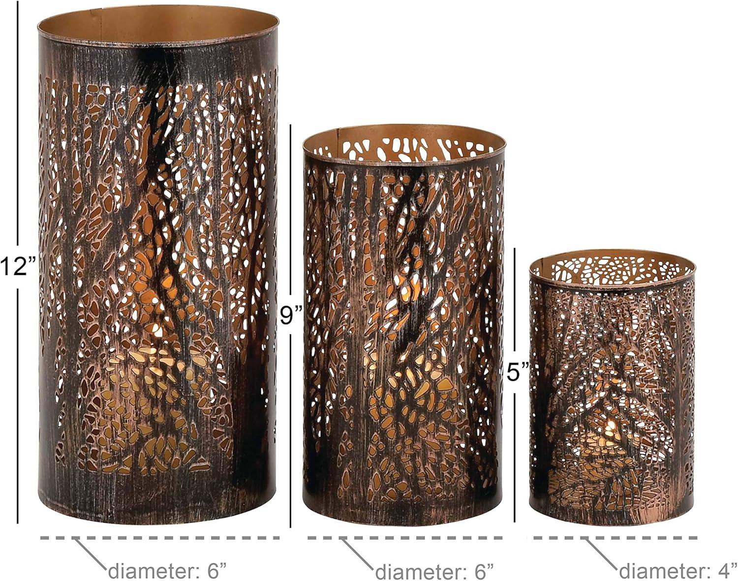 Set of 3 Leafy Cylindrical Contemporary Metal Candle Holders - Olivia & May