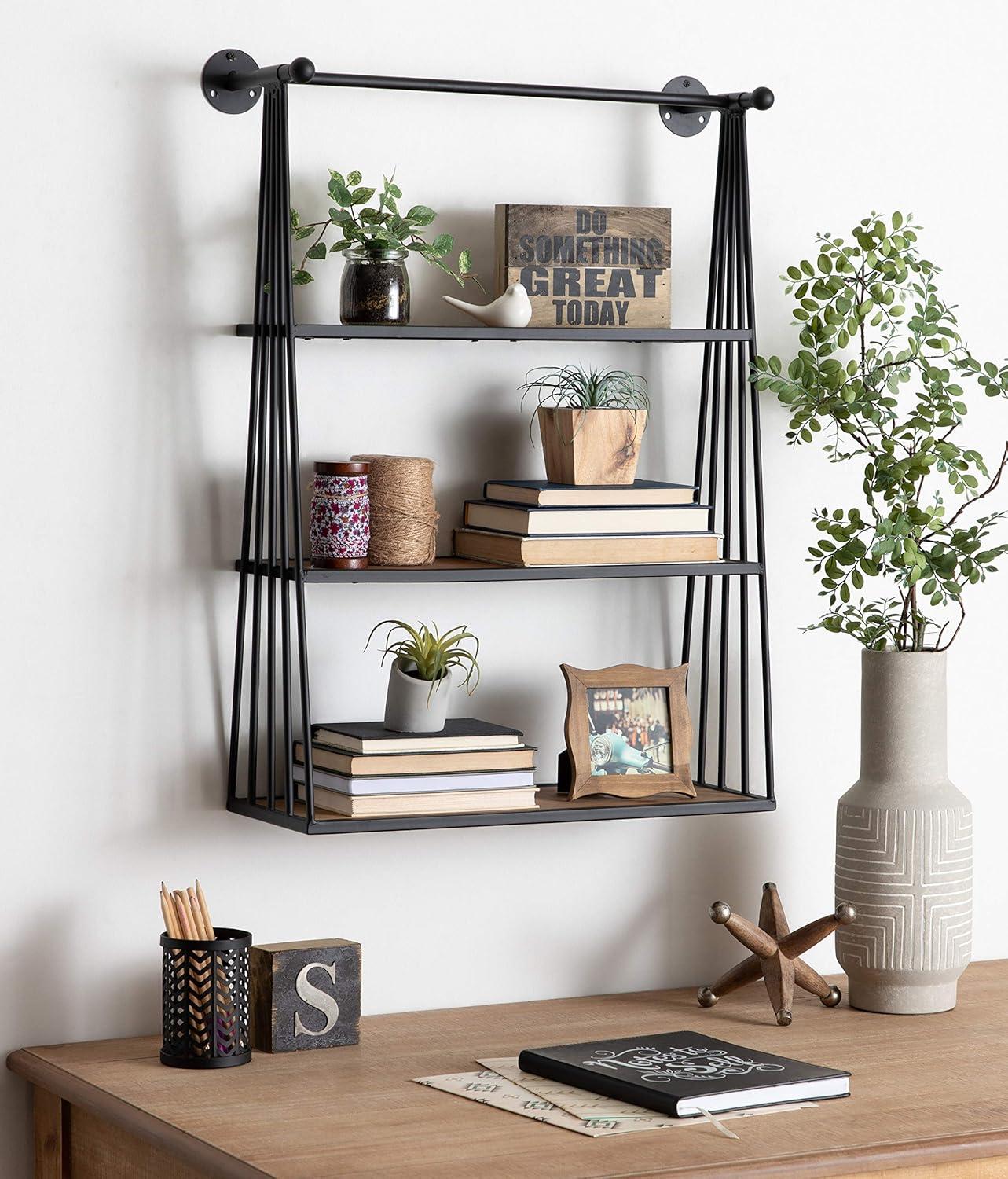 23" x 30" Nevin Wall Mounted Hanging Shelf Rustic Brown/Black - Kate and Laurel: Metal Frame, 3 Open Shelves