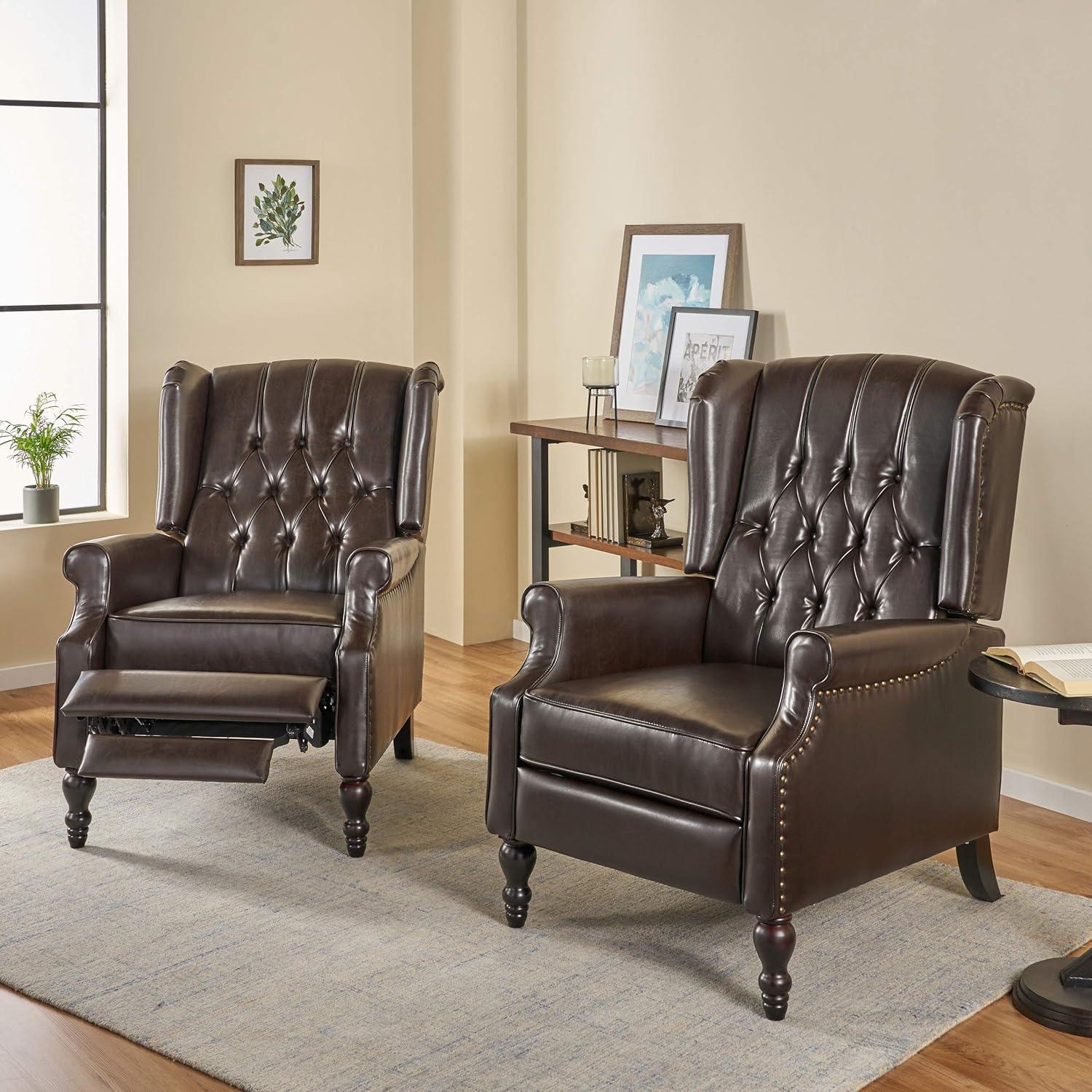 Dark Brown Handcrafted Leather Recliner Set with Tufted Back