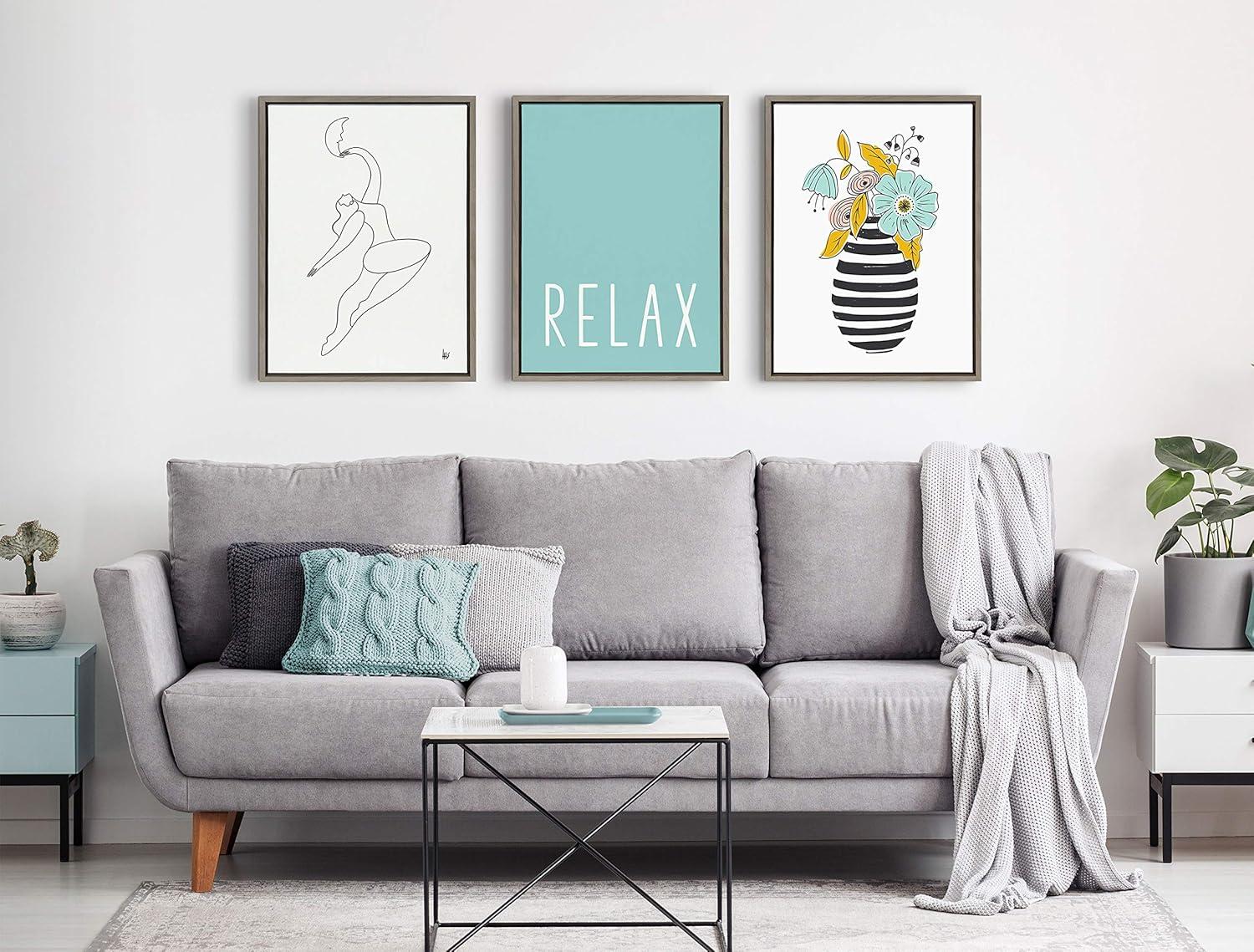 Kate and Laurel Sylvie Relax in Pale Teal Framed Canvas by Apricot and Birch, 18x24, Gray