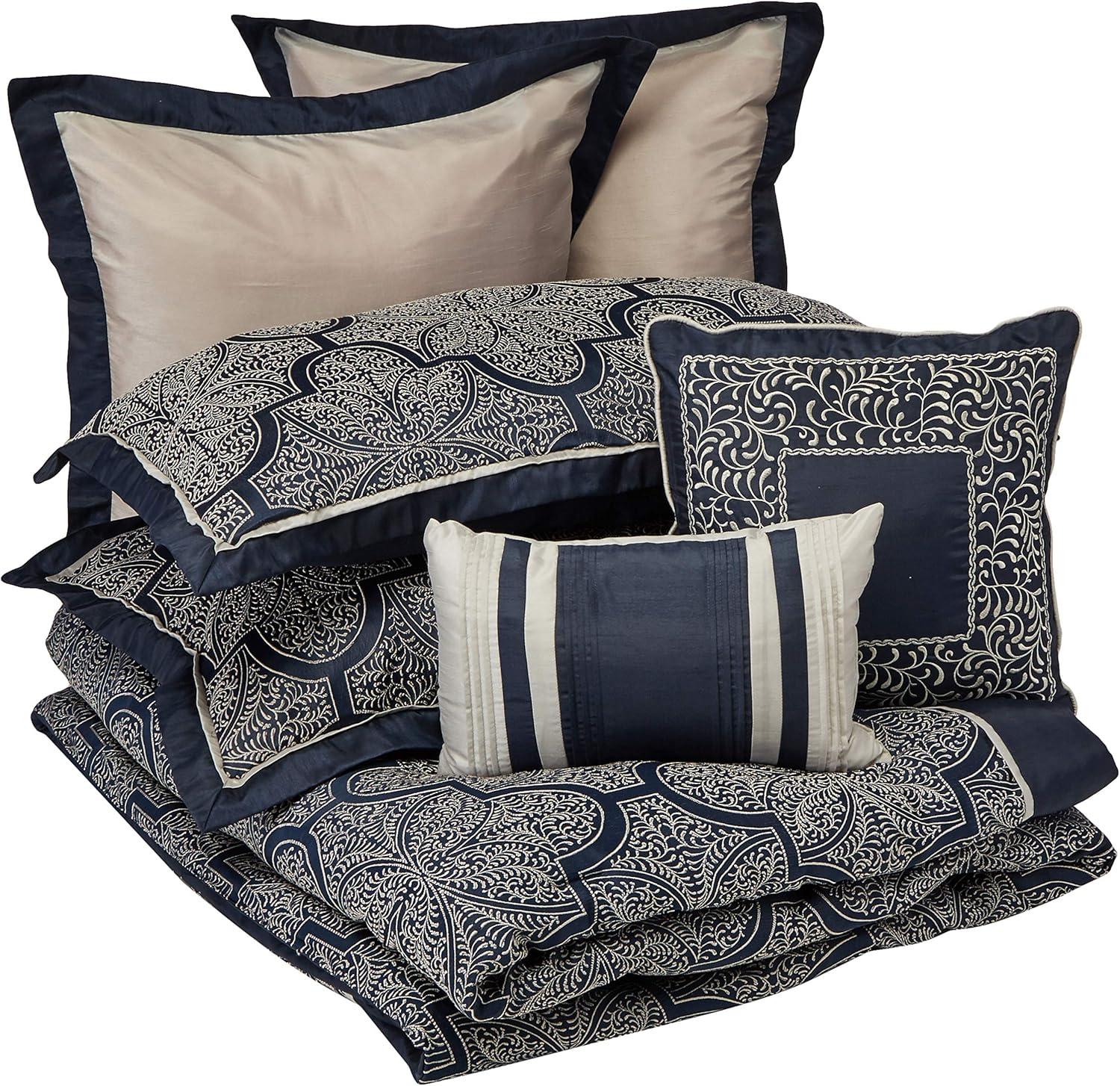 Navy Jacquard King Microfiber Comforter Set with Decorative Pillows