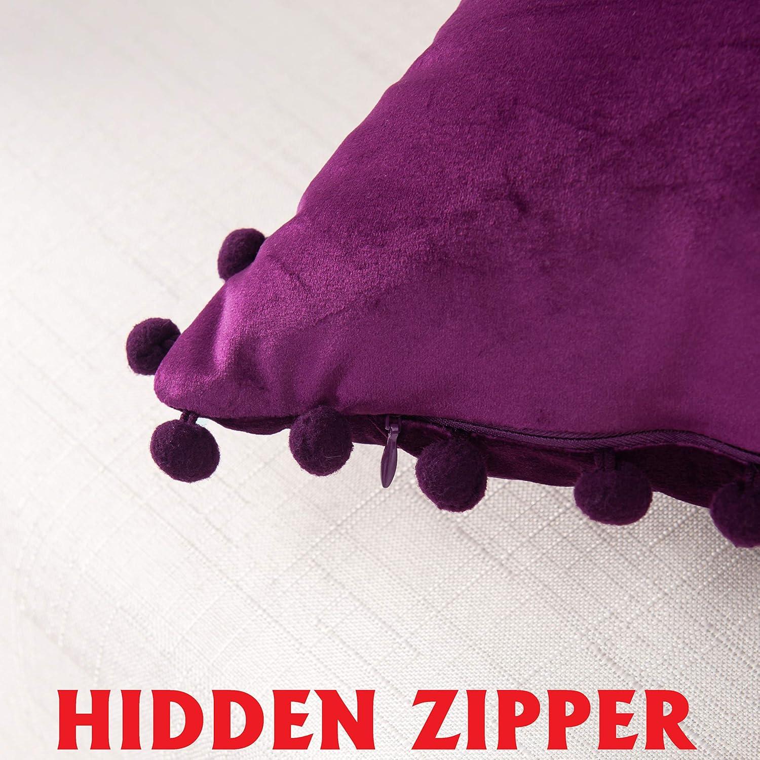 Elegant Comfort POM-POMS Fringe Velvet Cushion Covers Set of 2, Velvet Soft Solid Decorative Square Throw Pillow Covers Set Cushion Case for Couch Bed, Livingroom 18 x 18 Inch (45 x 45 cm), Purple