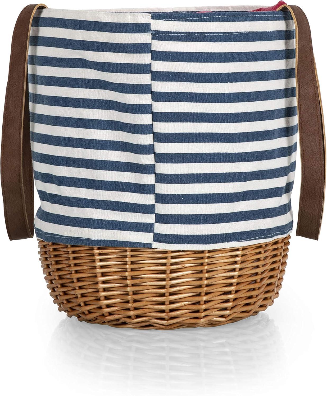 Picnic Time Coronado Canvas and Willow Basket Tote with Navy Blue and White Stripe