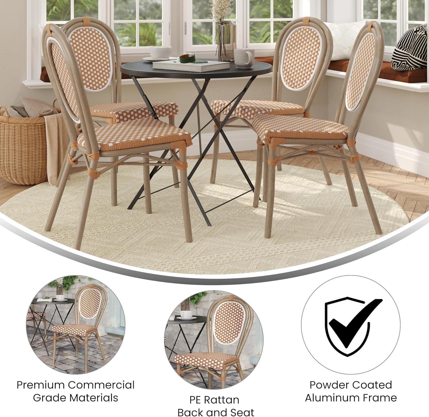 Flash Furniture 4 PK Lourdes Indoor/Outdoor Commercial Thonet Bistro Stack Chair, Natural/White PE Rattan & Bamboo Print Aluminum Frame in Light Nat