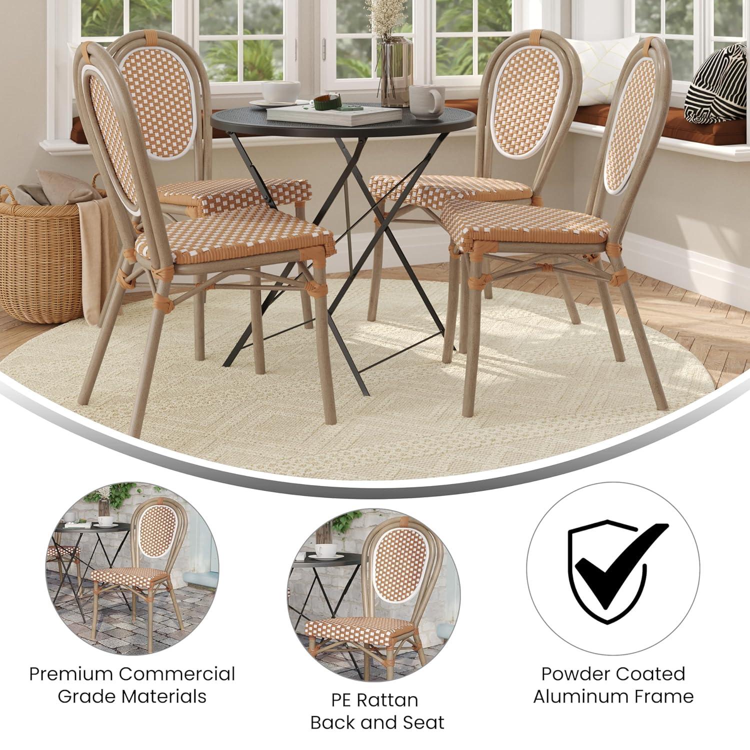 Flash Furniture 4 PK Lourdes Indoor/Outdoor Commercial Thonet Bistro Stack Chair, Natural/White PE Rattan & Bamboo Print Aluminum Frame in Light Nat