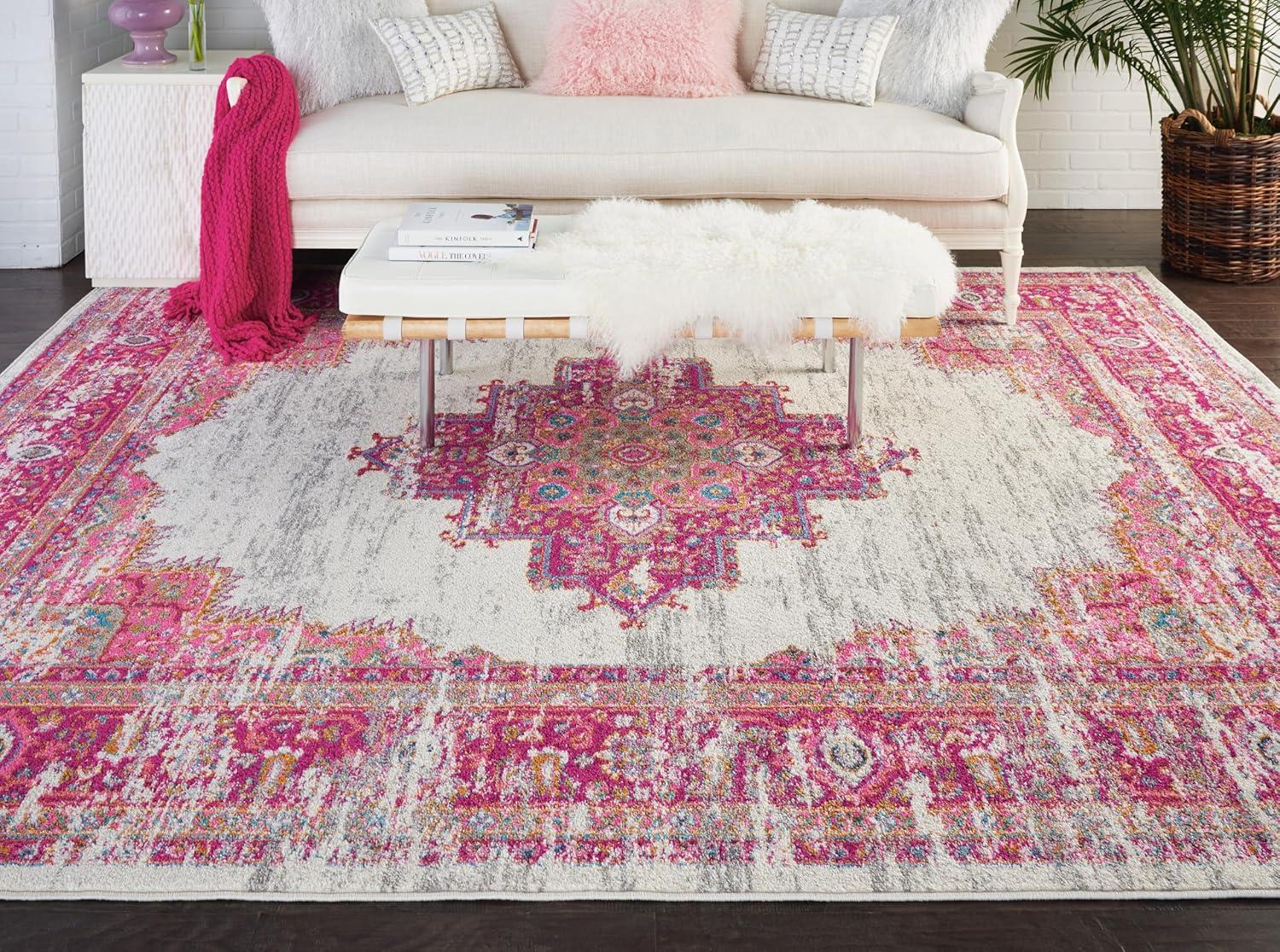 Nourison Passion Medallion Bohemian Indoor Rug Ivory/Fuchsia 12' x 15'