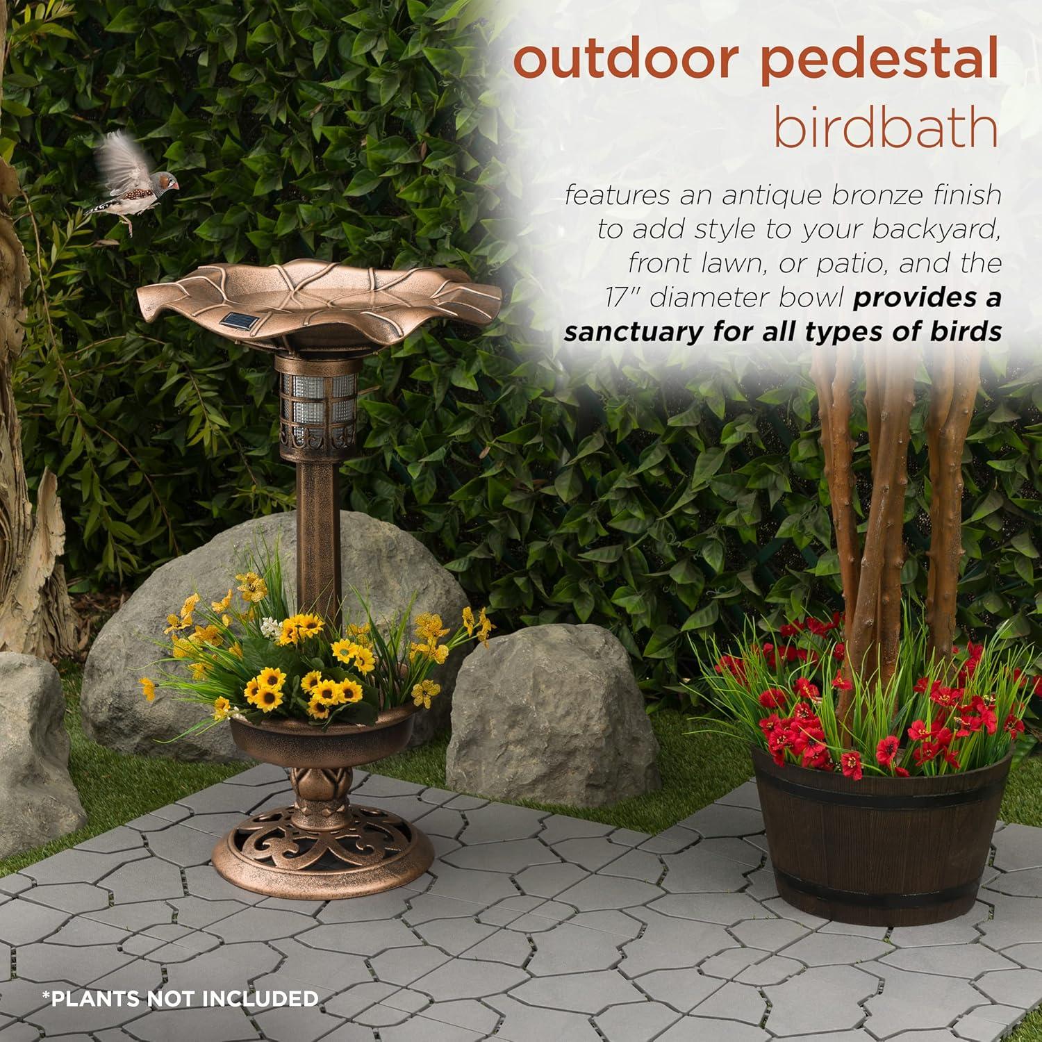 Bronze Outdoor Pedestal Birdbath with Planter and Solar LED