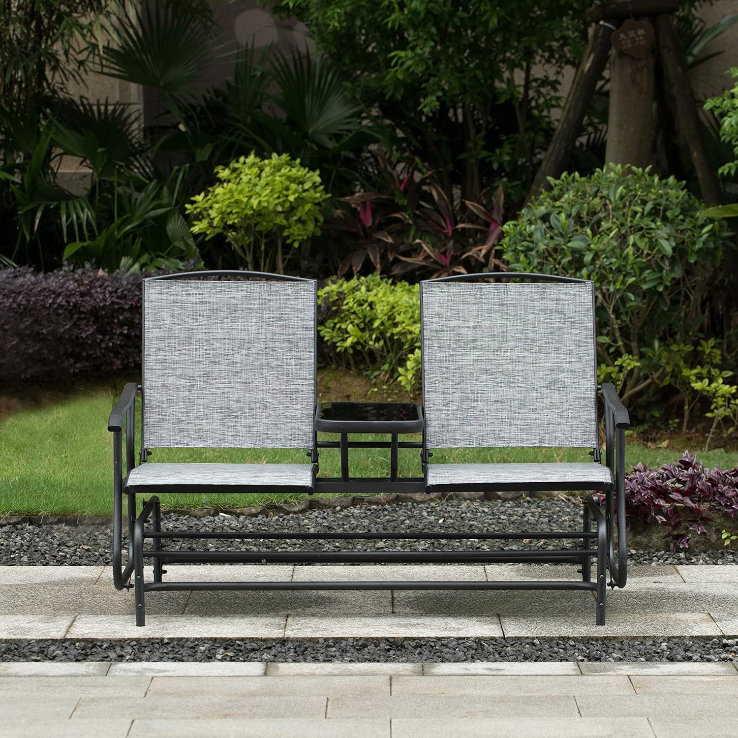 Gardenised Two Person Outdoor Double Swing Glider Chair Set with Center Tempered Glass Table, Loveseat Lawn Rocker Bench