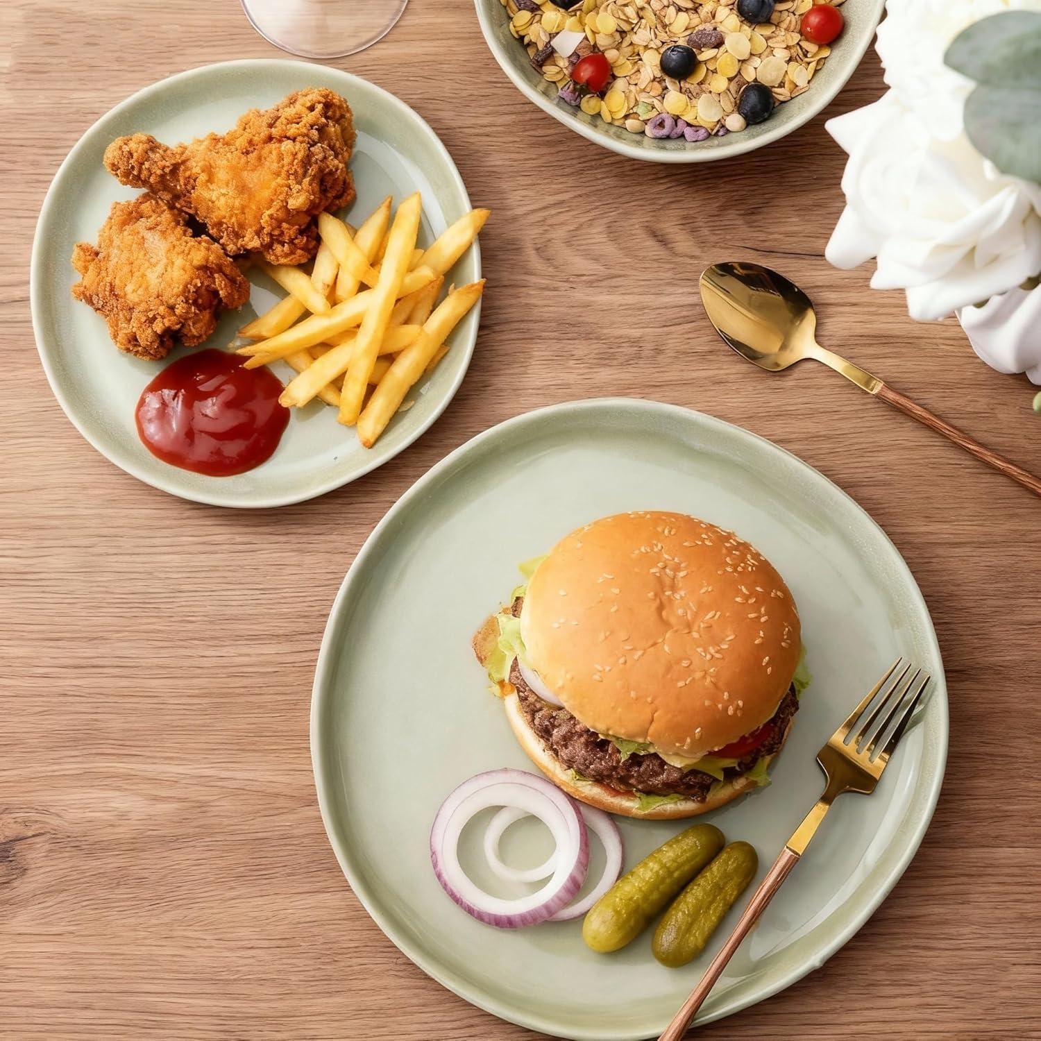 Olive Green and White Ceramic Dinnerware Set for 4