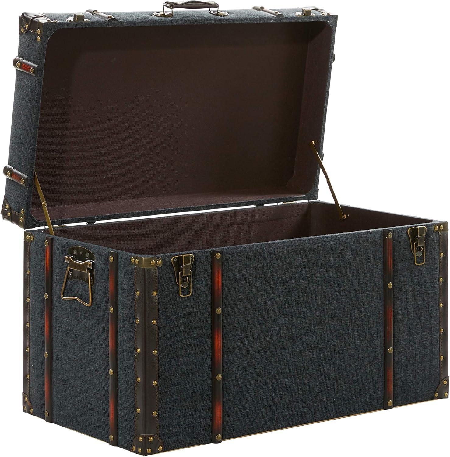 Blue Linen and Brass Accented Nesting Storage Trunks, Set of 3