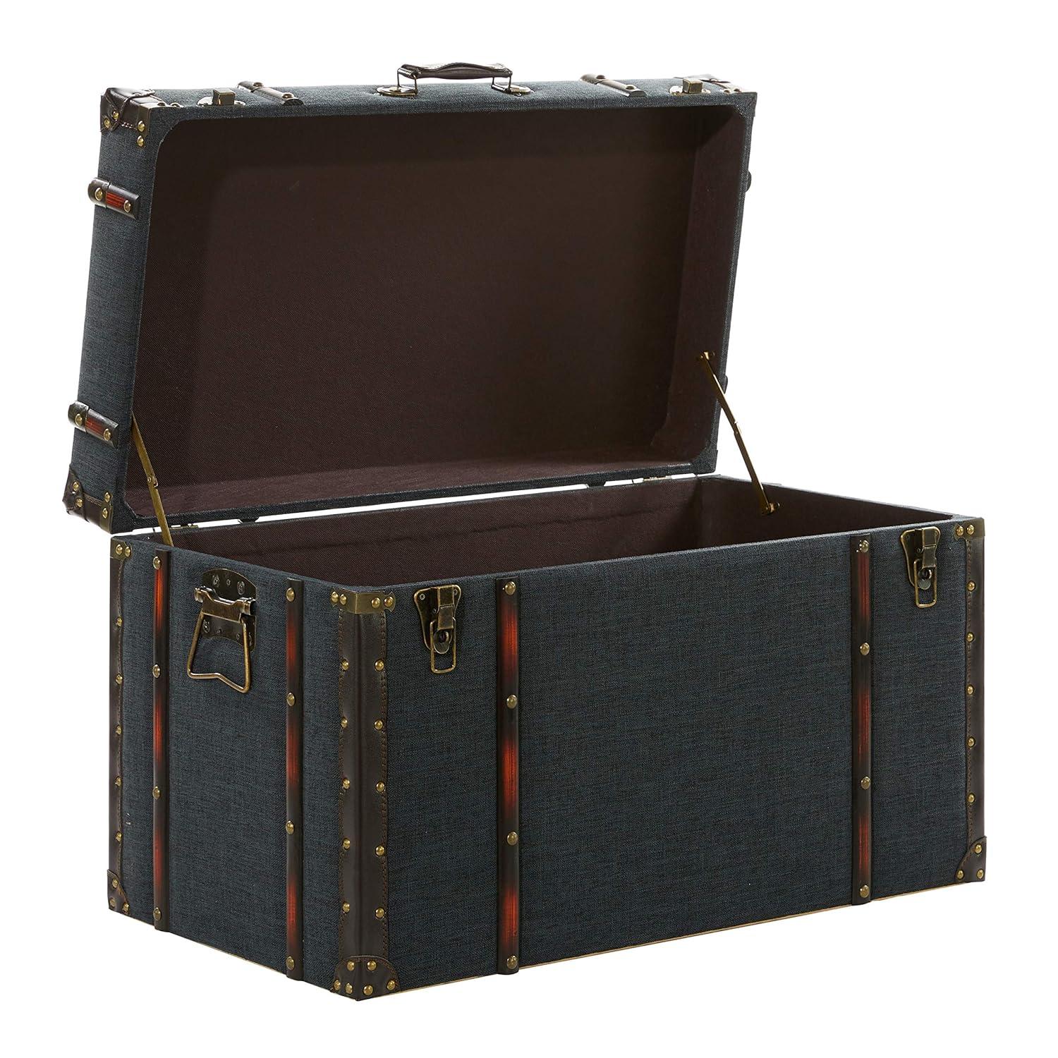 DecMode 24" x 13" Blue Linen Fabric Nesting Upholstered Trunk with Buckle Hinged Top, 3-Pieces