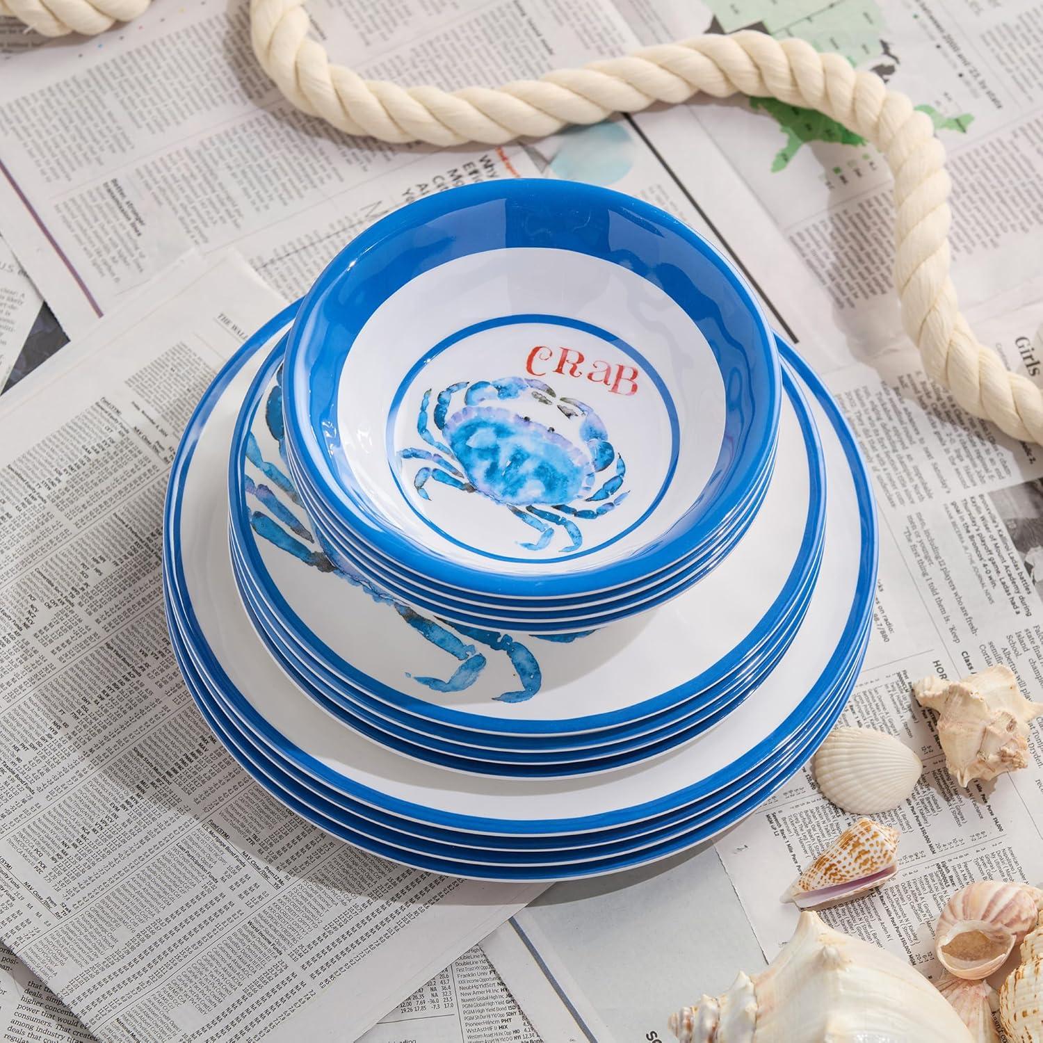 Certified International Beach House Crab 12-Piece Melamine Dinnerware Set – Blue & White Nautical-Themed Plates & Bowls – Shatterproof, Lightweight, and Dishwasher-Safe Coastal Tableware for Indoor & Outdoor Dining