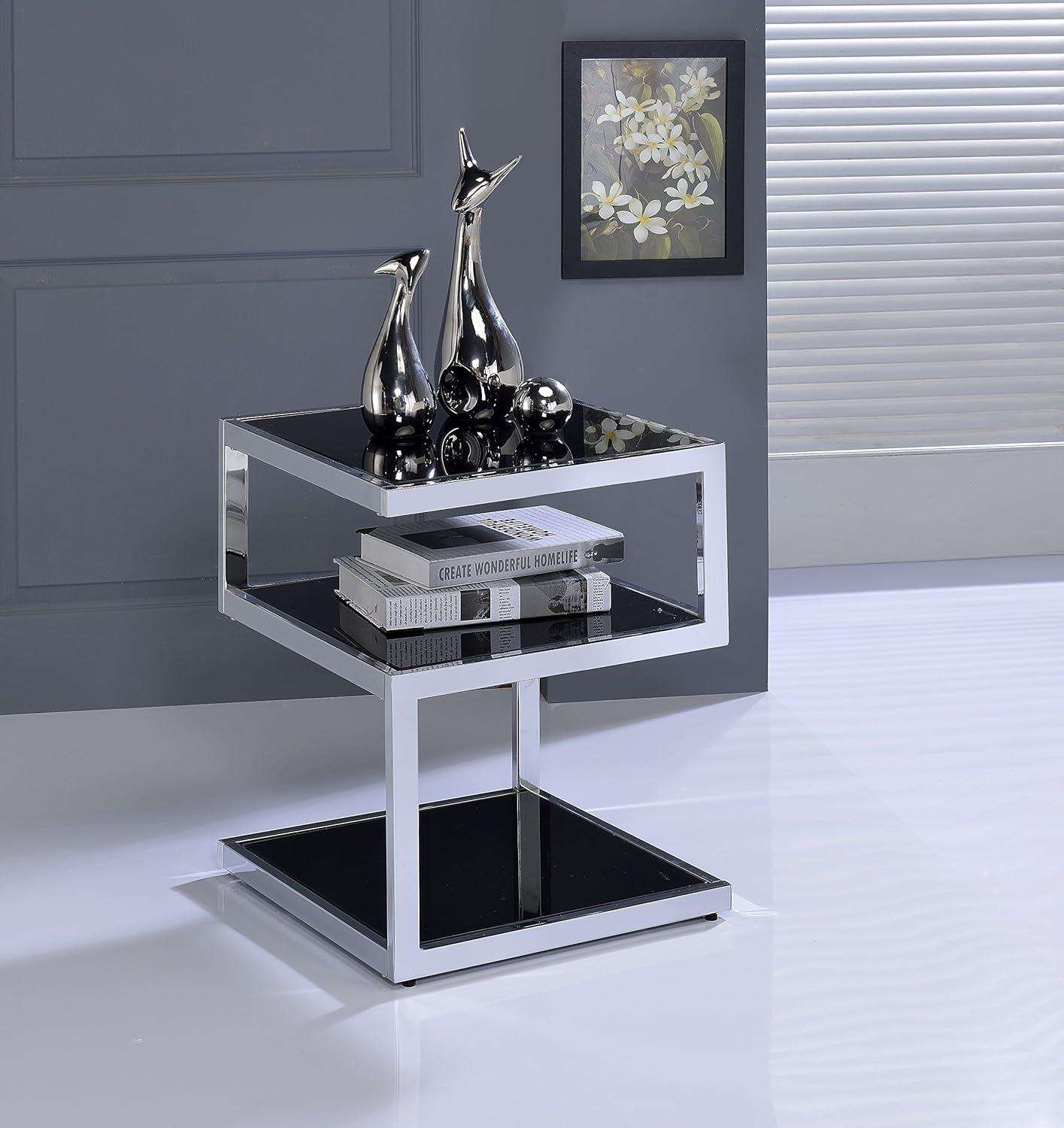 Chic Black Glass & Chrome Metal 3-Tier Side Table