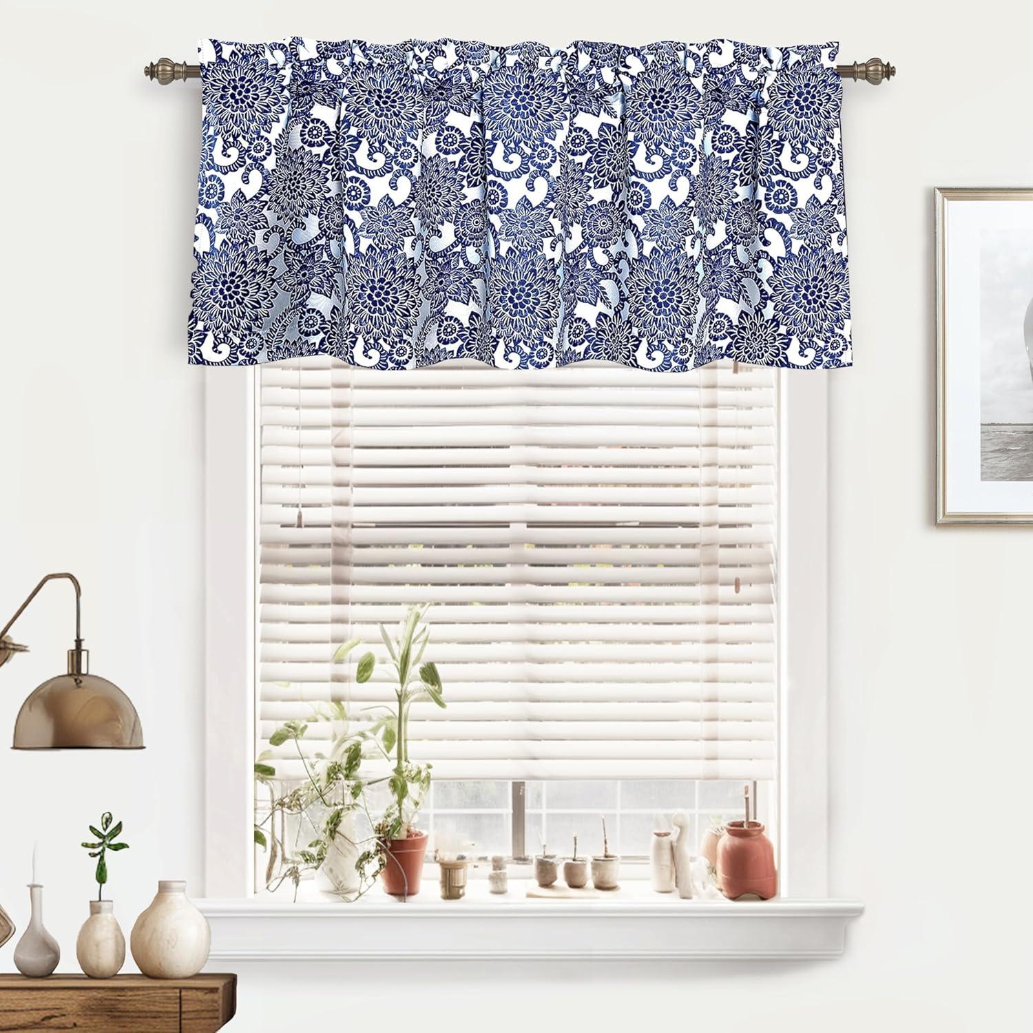 DriftAway Daisy Dahlia Blooming Flower/Floral Lined Thermal Insulated Energy Saving Window Curtain Valance for Living Room/Bedroom/Kitchen, 2 Layers, Rod Pocket, 52"x18"+2’’Header (Navy)