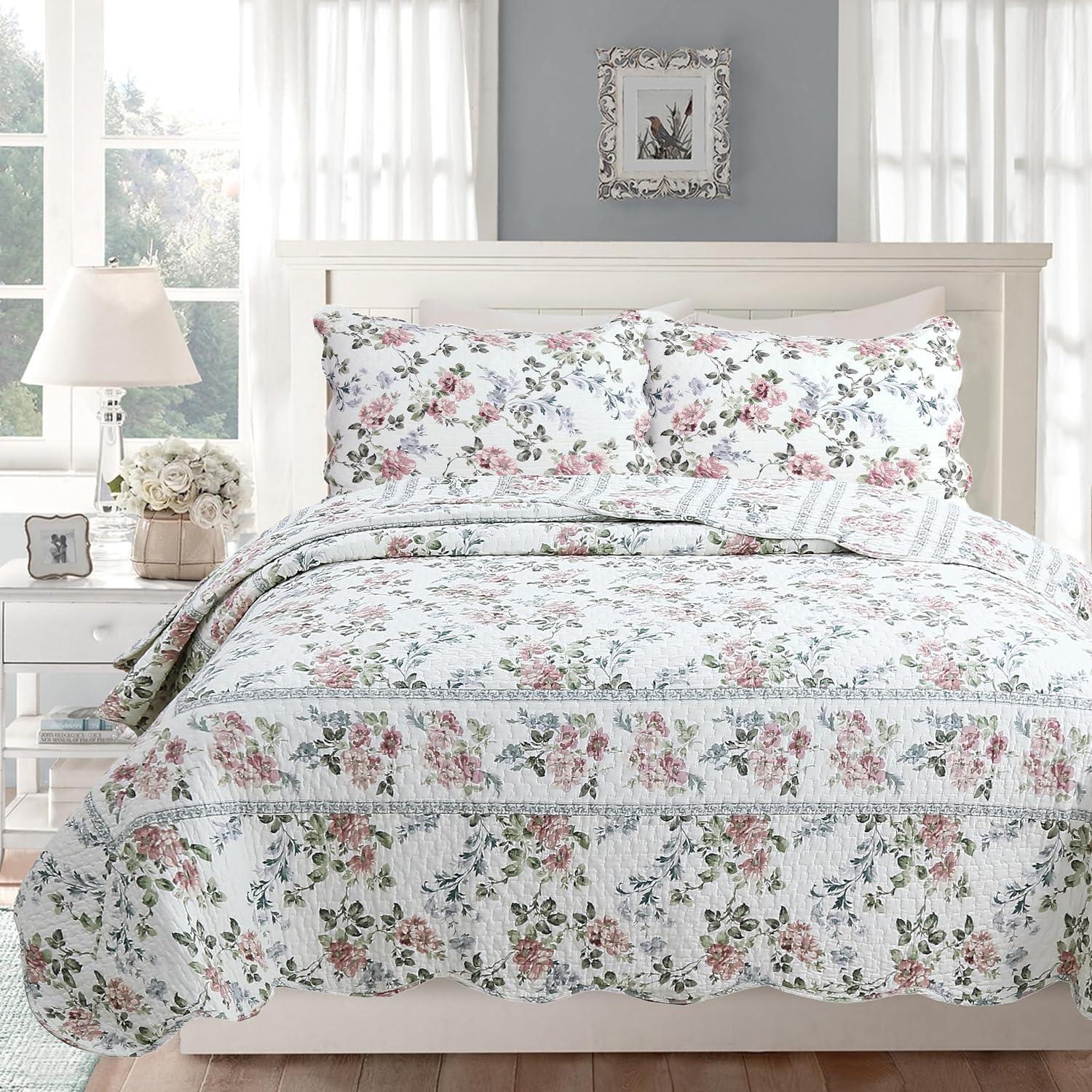 Blue Floral Cotton Reversible King Quilt Set