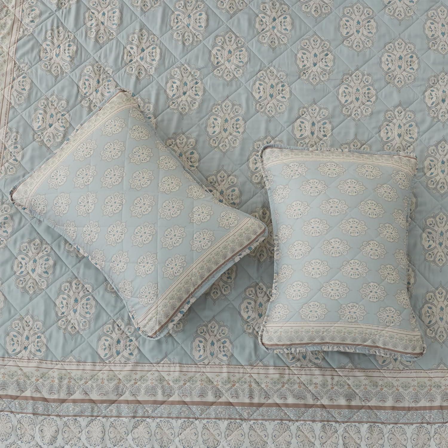 2pc Twin Printed Vintage Quilt Bedding Set Beige/Blue - Patina Vie: Reversible Damask Pattern, OEKO-TEX Certified