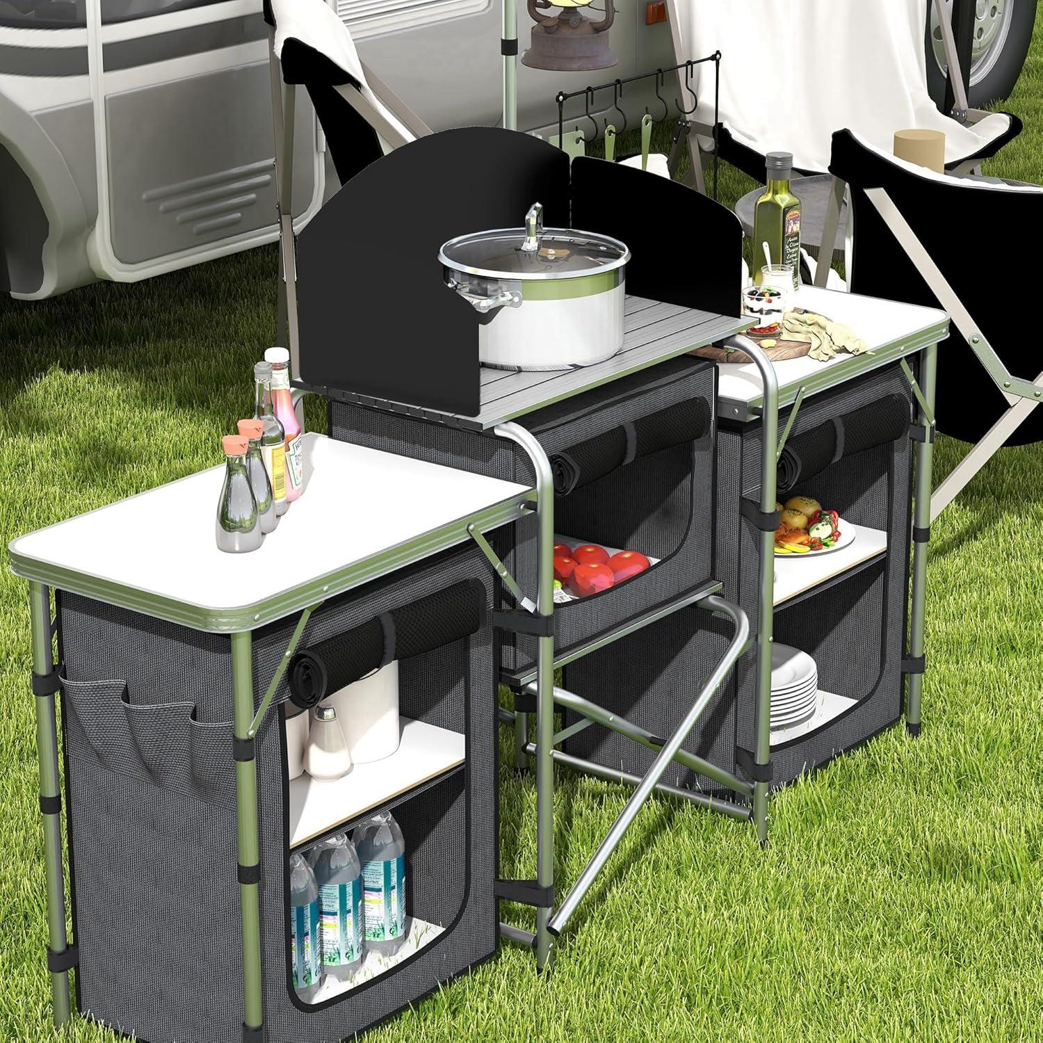 Outsunny Camping Kitchen Table, Portable Folding Camp Kitchen, Aluminum Cook Station with 3 Fabric Cupboards, Windshield, Carrying Bag, Black