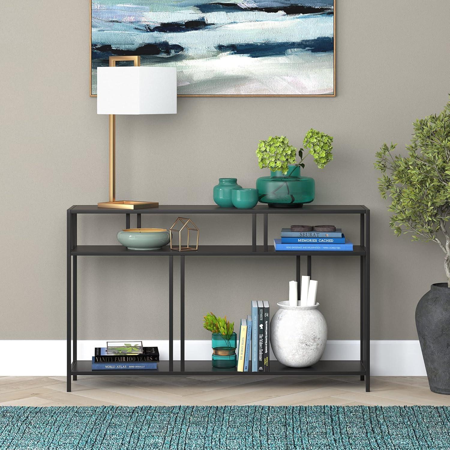 Evelyn&Zoe Cortland 48" Wide Rectangular Console Table with Metal Shelves, Blackened Bronze