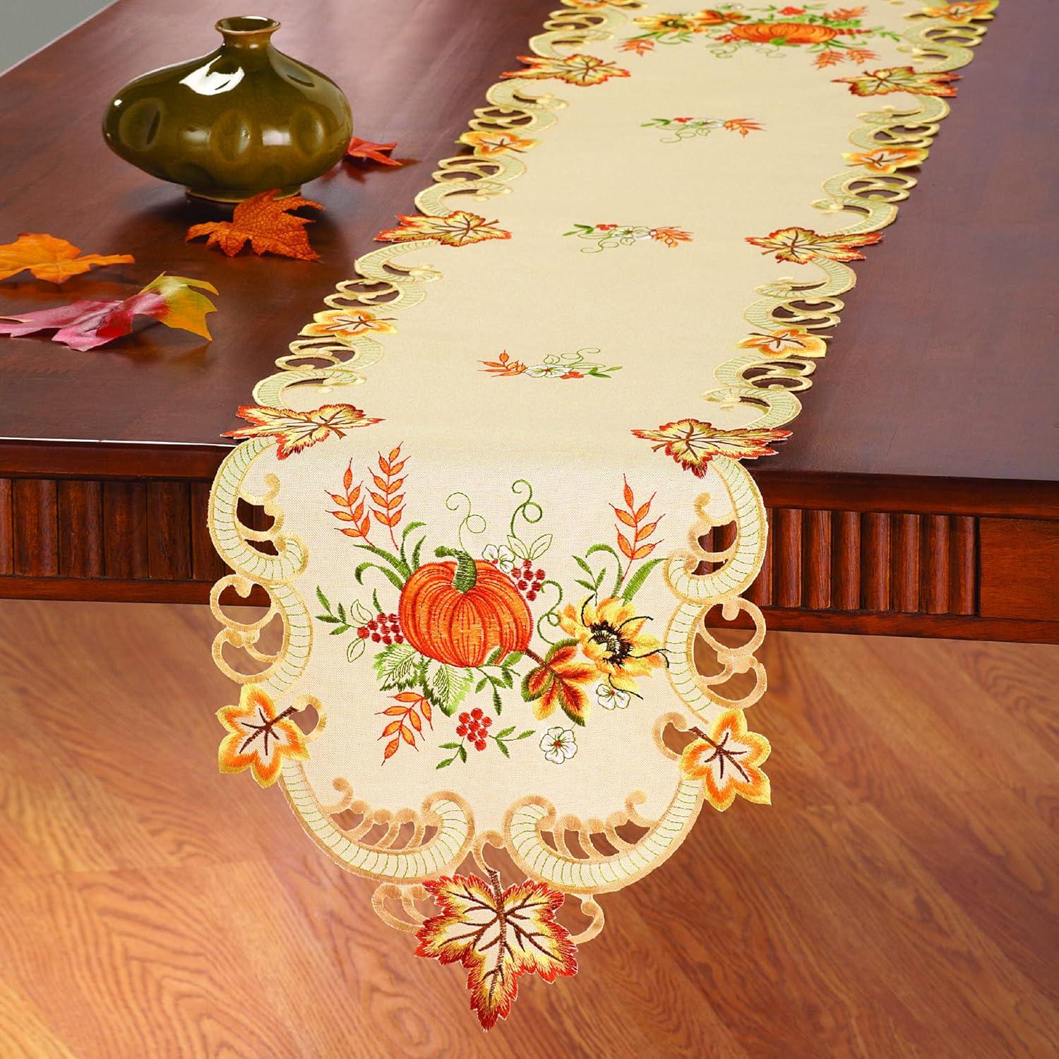 Fall Embroidered Pumpkin and Leaves Table Runner