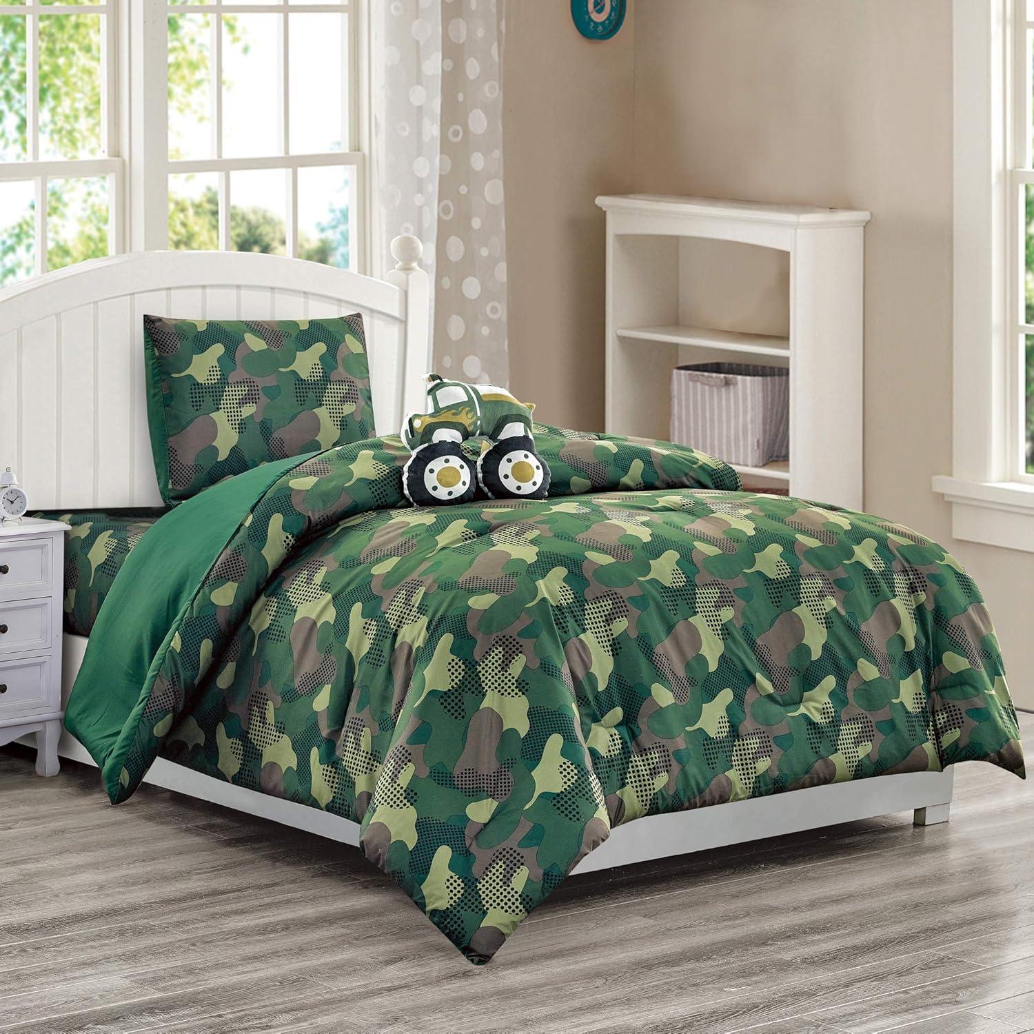 WPM Twin Camouflage Print Comforter Army Green Theme Bedding Set with Sheet, Pillow sham and Plush Pillow (Camouflage Military, Twin Comforter)