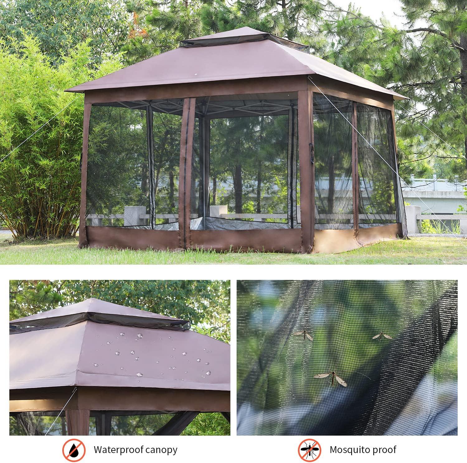 PayLessHere 10'x10' Pop up Gazebo Outdoor Canopy with Mosquito Netting Double Roof Tops ,Brown