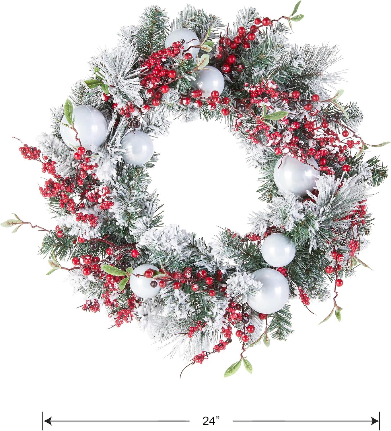 24" Frosted Pine Artificial Christmas Wreath with Red Berries and Silver Ornaments