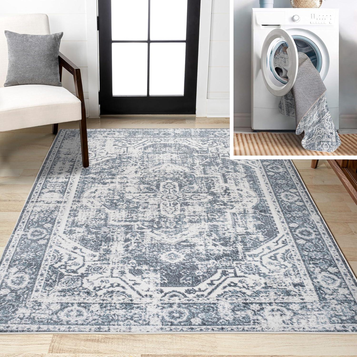 JONATHAN Y Keesha Bold Distressed Medallion Low-Pile Machine-Washable Cream/Blue 5 ft. x 8 ft. Area Rug