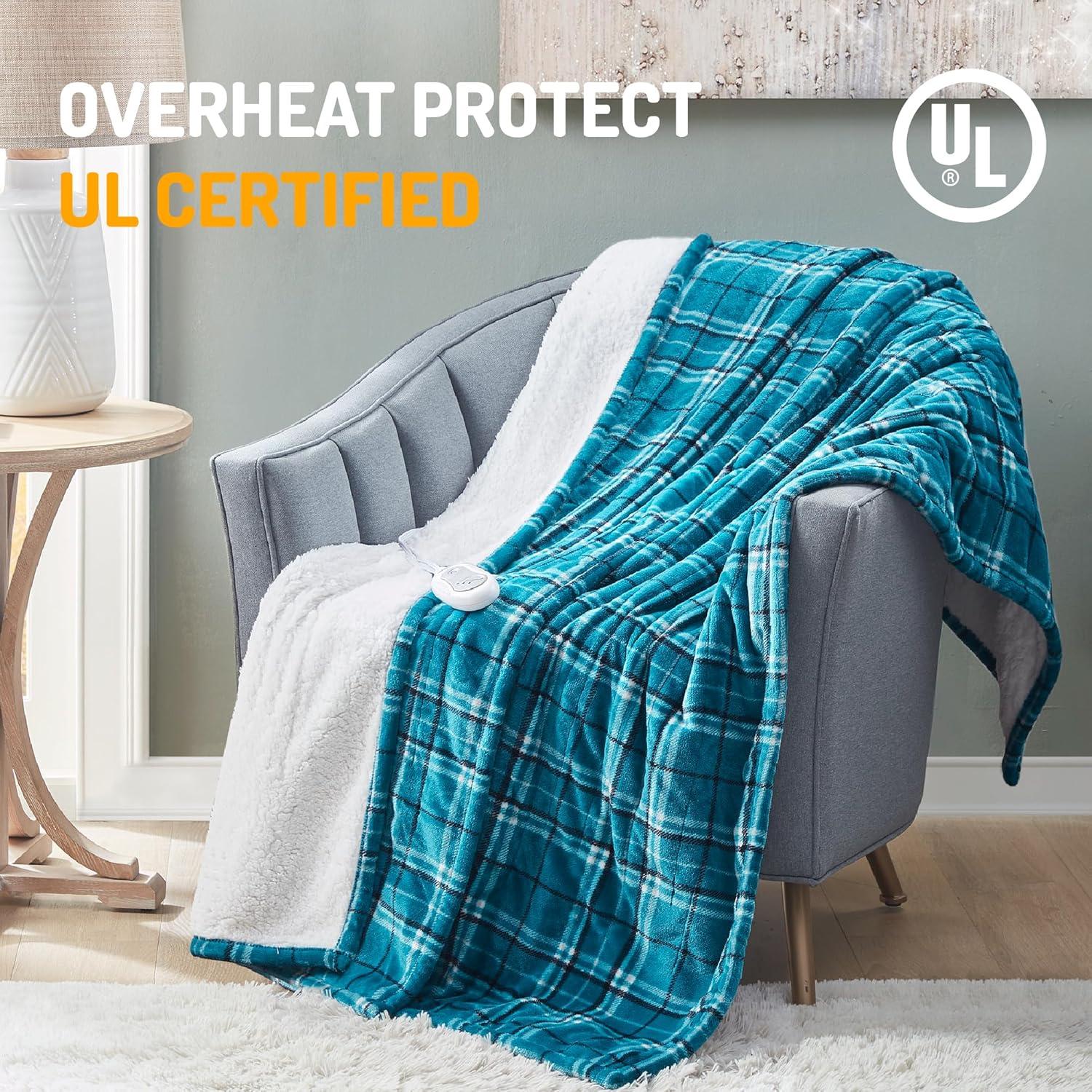 Degrees of Comfort Heated Sherpa Wrap Shawl, Cozy Winter Electric Blanket Throw, for Grandma Mom Women, Washable, Auto Shut-Off, Reversible 50 x 64 Inch, Blue Plaid