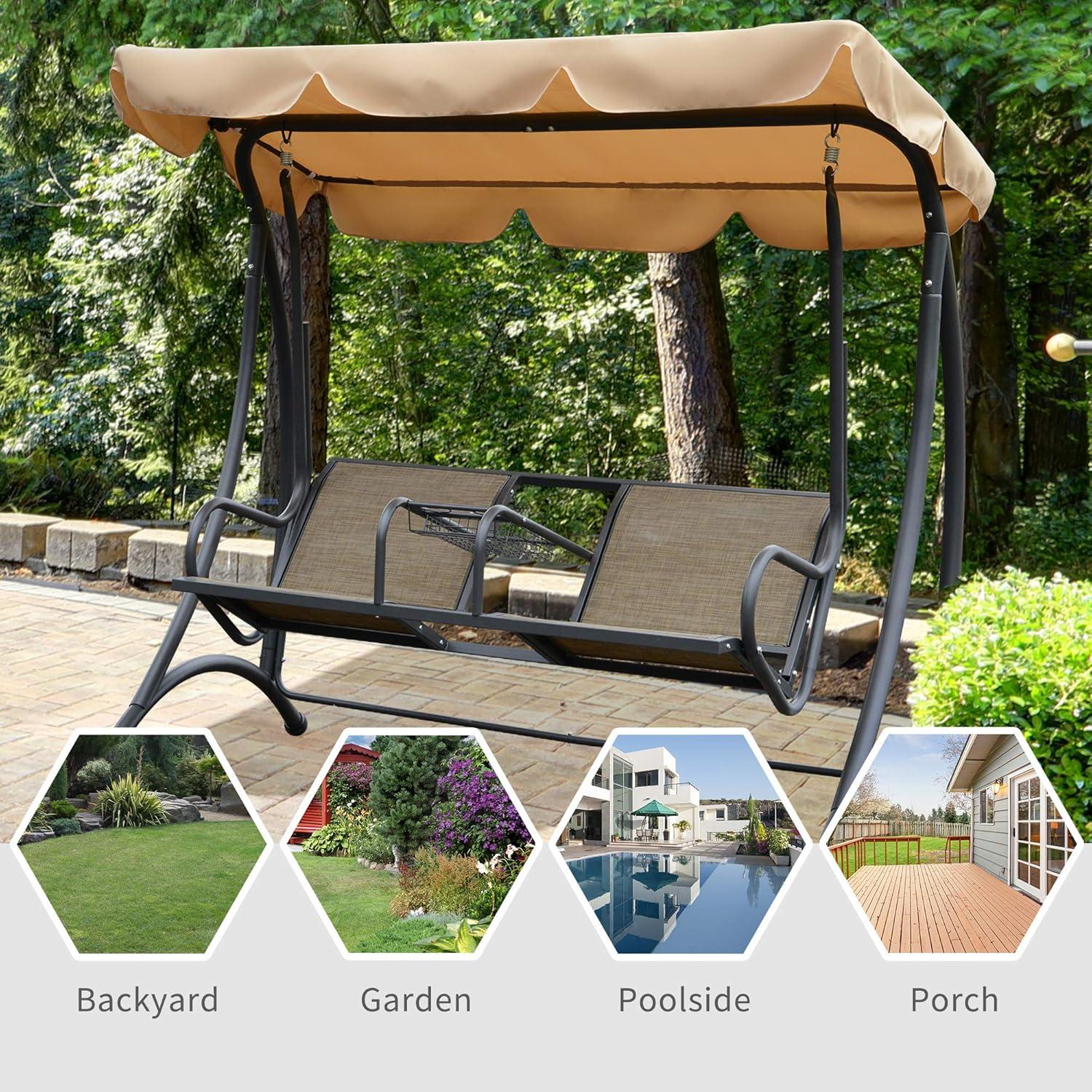 Outsunny 2-Person Porch Swing, Outdoor Patio Swing Bench with Adjustable Tilt Canopy, Cup Holder and Storage Tray, Steel Frame, Brown