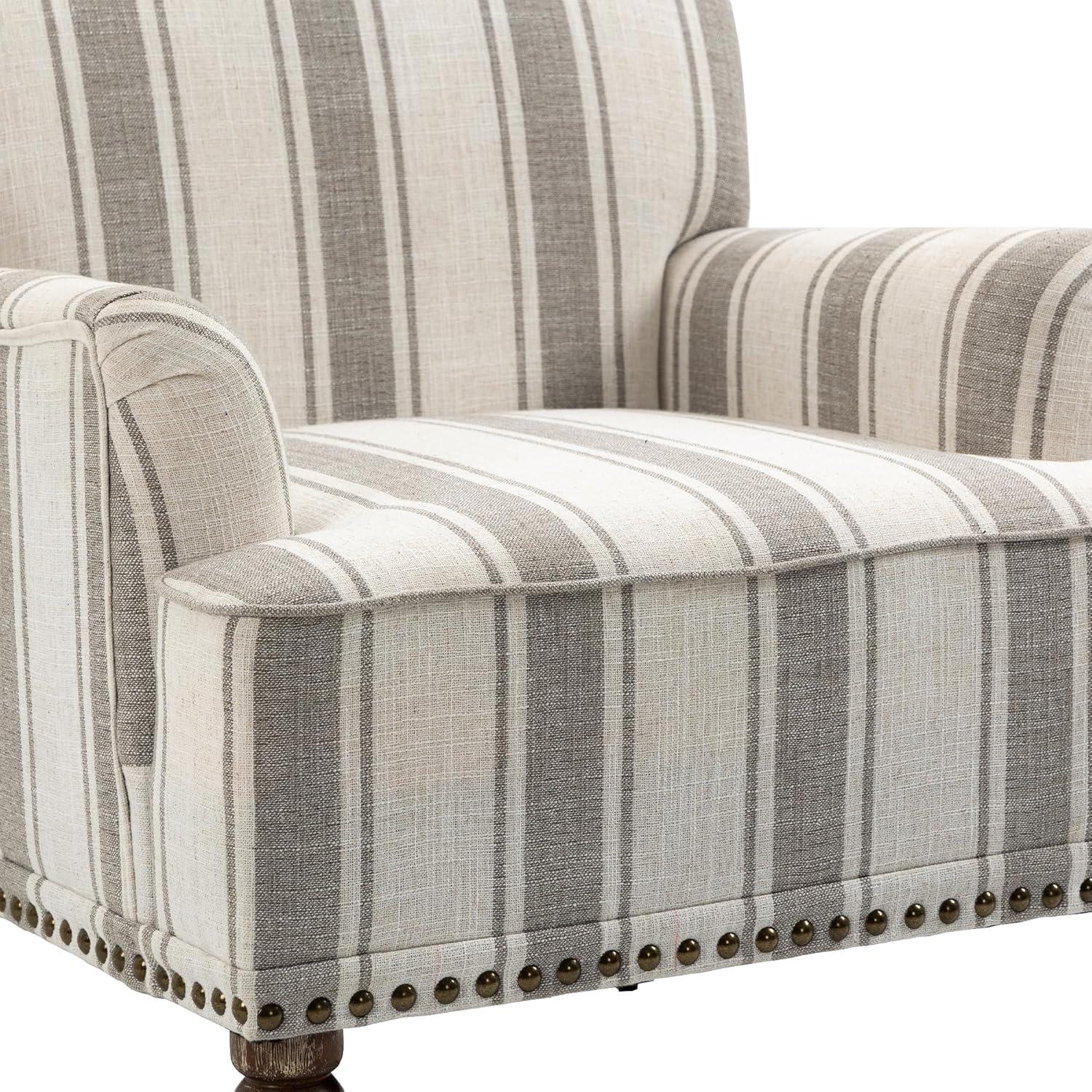 Gray Striped Barrel Accent Chair with Nailhead Trim