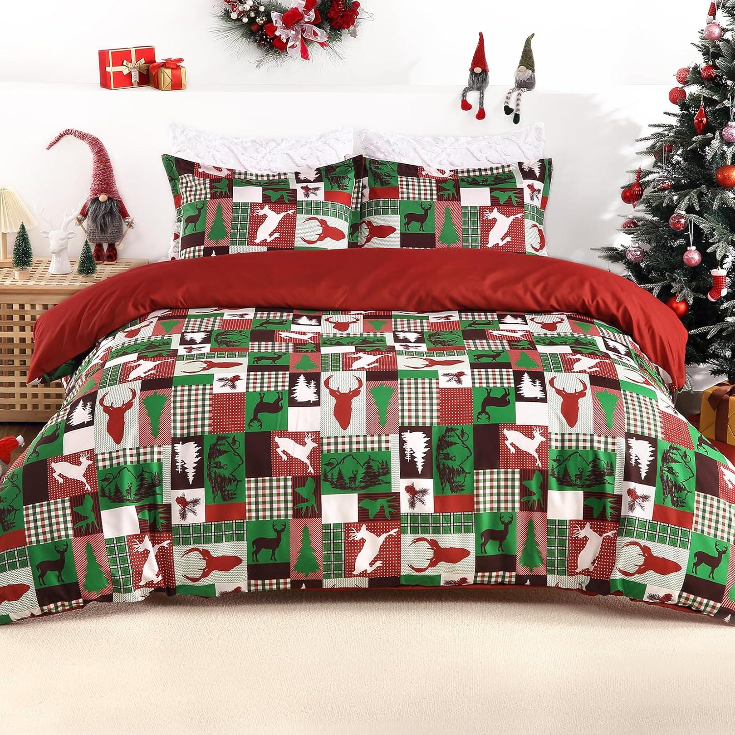 Caromio Christmas Duvet Cover Queen Size - Reindeer Patchwork Printed Decorations, Soft and Breathable Bedding Set (Queen, 90"x90")