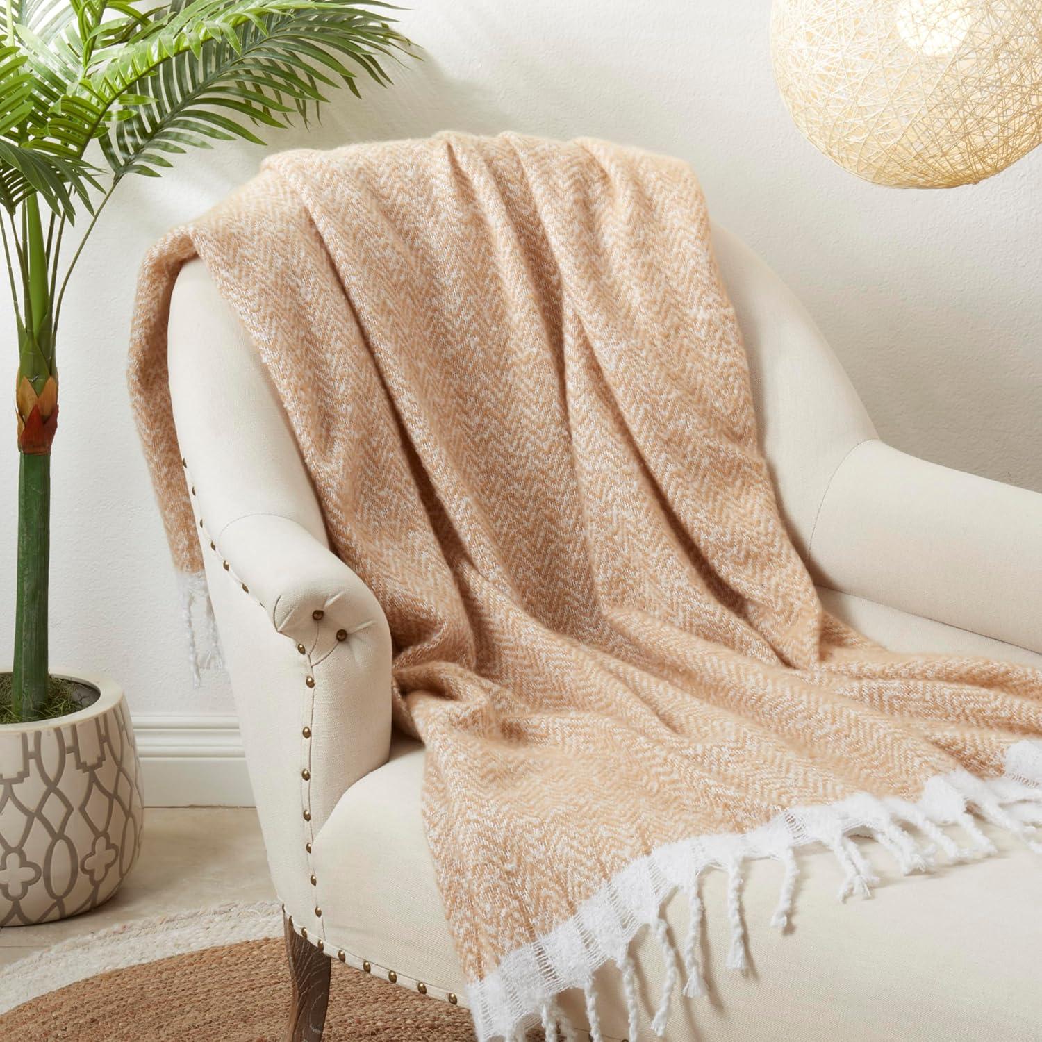 Saro Lifestyle Chic Faux Mohair Herringbone Fringed Throw, Beige, 50"x60"