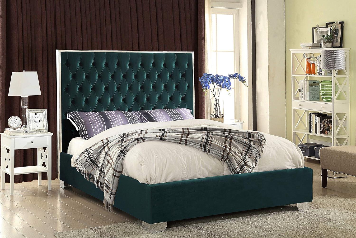 Luxurious Green Velvet Upholstered King Bed with Tufted Headboard