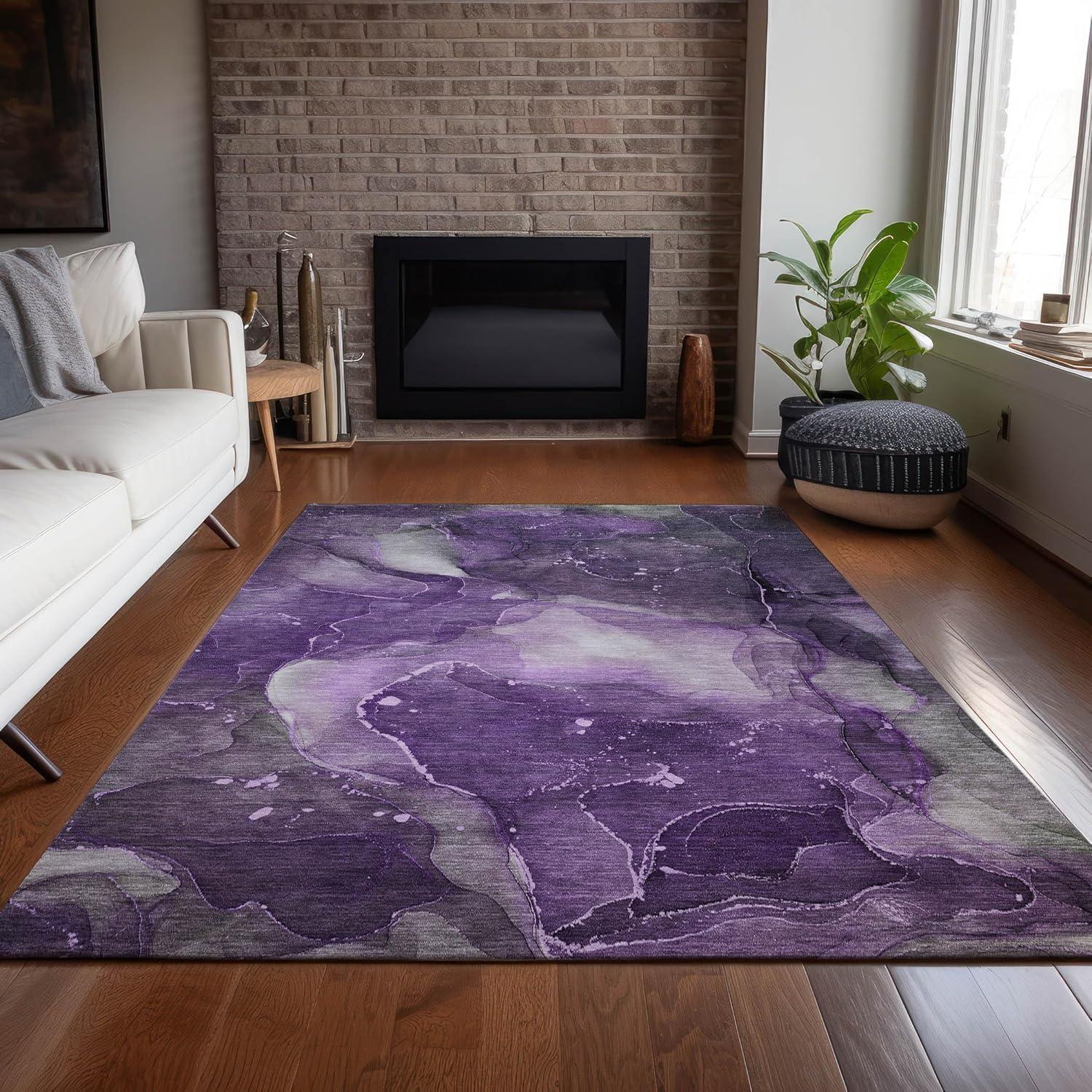 Purple Watercolor Pattern Machine Washable Synthetic Rug