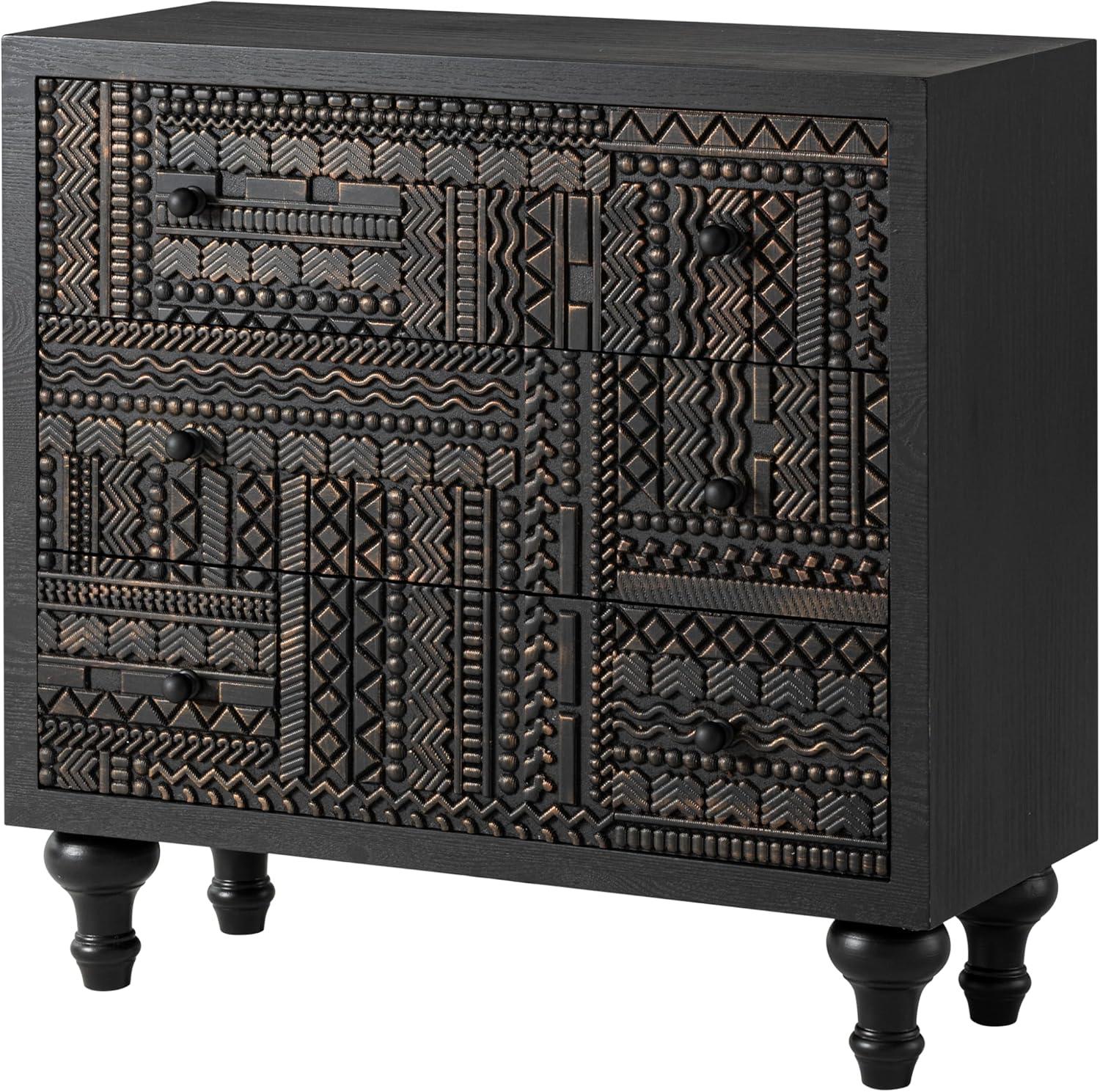 COZAYH 3 Drawer Farmhouse Dresser with Geometric Carved Pattern, Vintage Accent Wood Storage Chest Nightstand for Living Room, Bedroom, Boho, Mid-Century Modern, Black, Fully Assembled