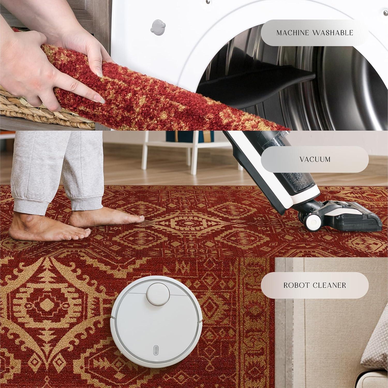 Maples Rugs Georgina Traditional Vintage Red Gold Washable Hallway Runner Rug, 2' x 6'