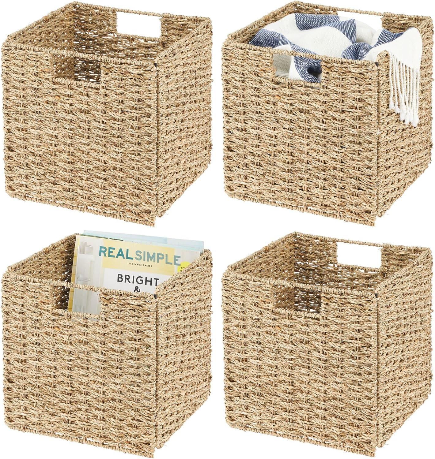 mDesign Seagrass Woven Cube Bin Basket Organizer, Handles (Set of 4)