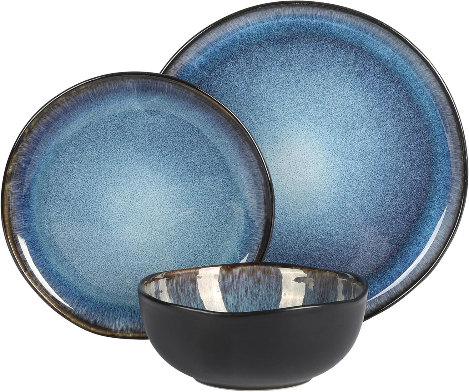 Blue and Black Ceramic 12-Piece Dinnerware Set, Service for 4