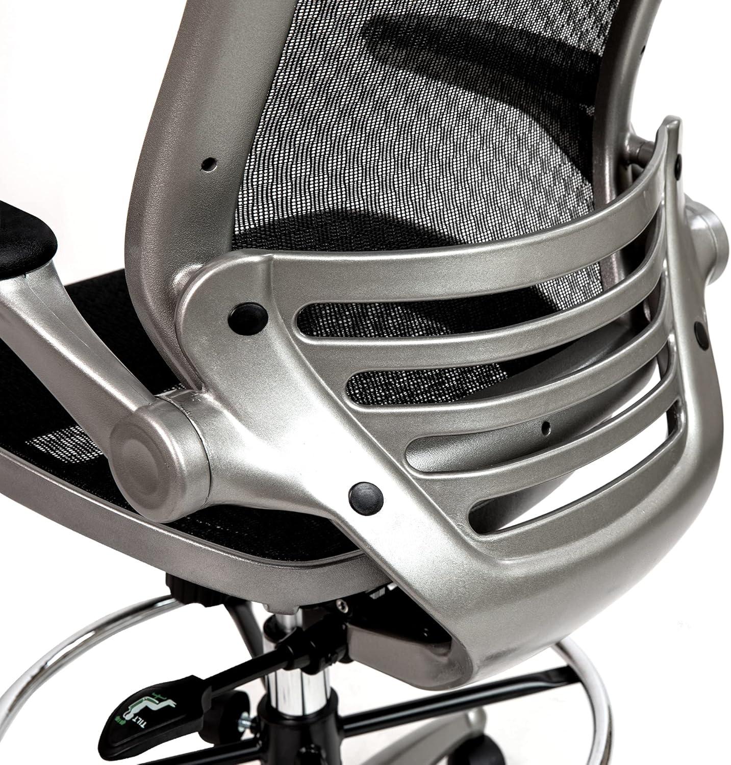 Flash Furniture Mid-Back Transparent Black Mesh Drafting Chair with Graphite Silver Frame and Flip-Up Arms