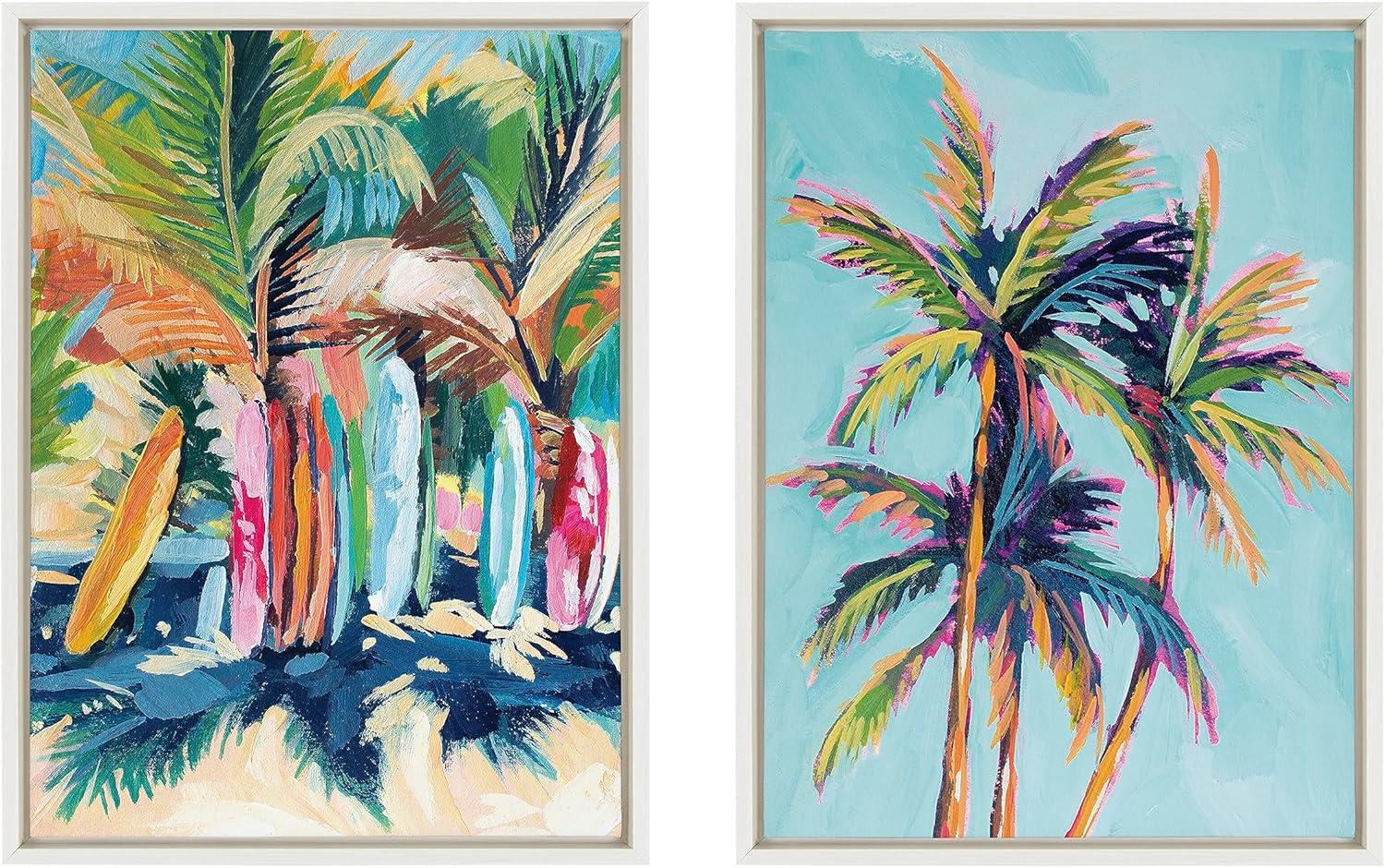 Kate and Laurel Sylvie Surf and Sand and Tropical Palms Study Framed Canvas Wall Art Set by Rachel Christopoulos, 2 Piece 18x24 White, Coastal Beach Palm Tree Art for Wall