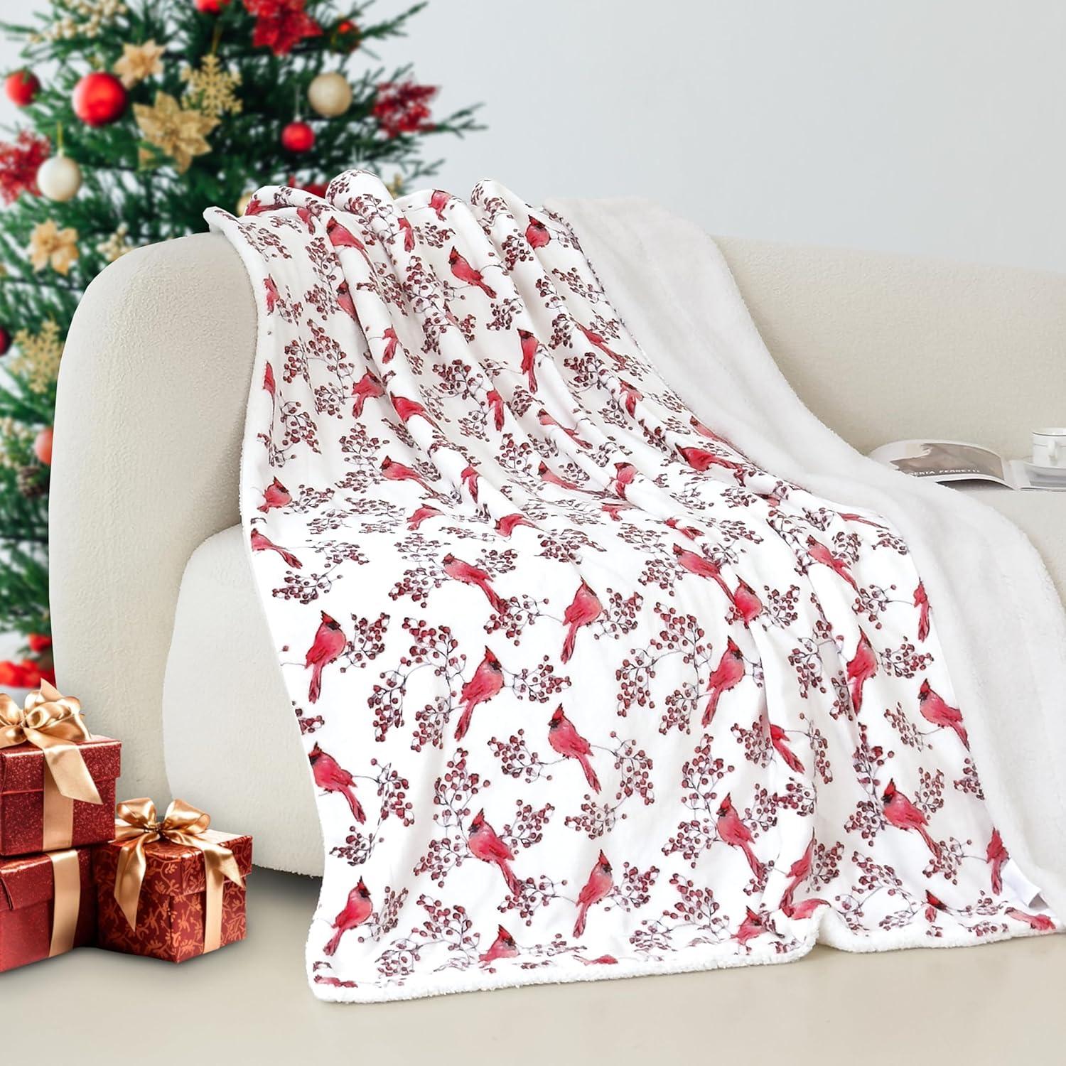 Red Cardinal Reversible Sherpa and Fleece Christmas Throw Blanket 50"x60"