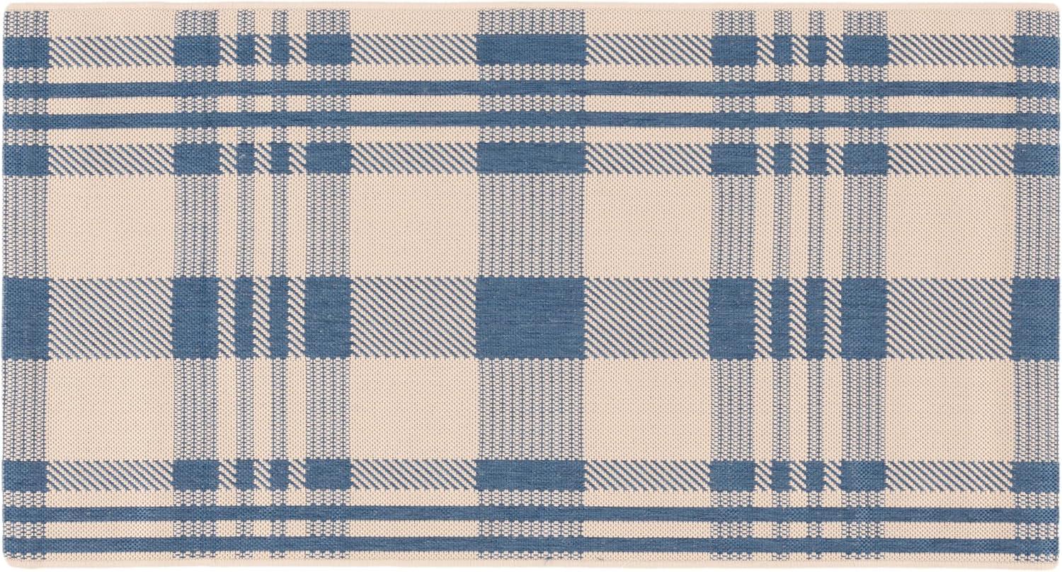 Beige and Blue Plaid Indoor/Outdoor Synthetic Rug