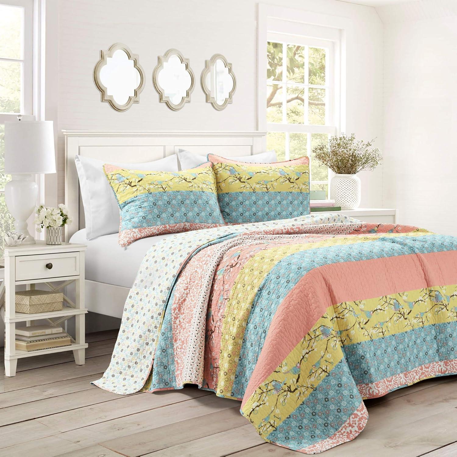 Full Coral Blue Cotton Reversible Quilt Set