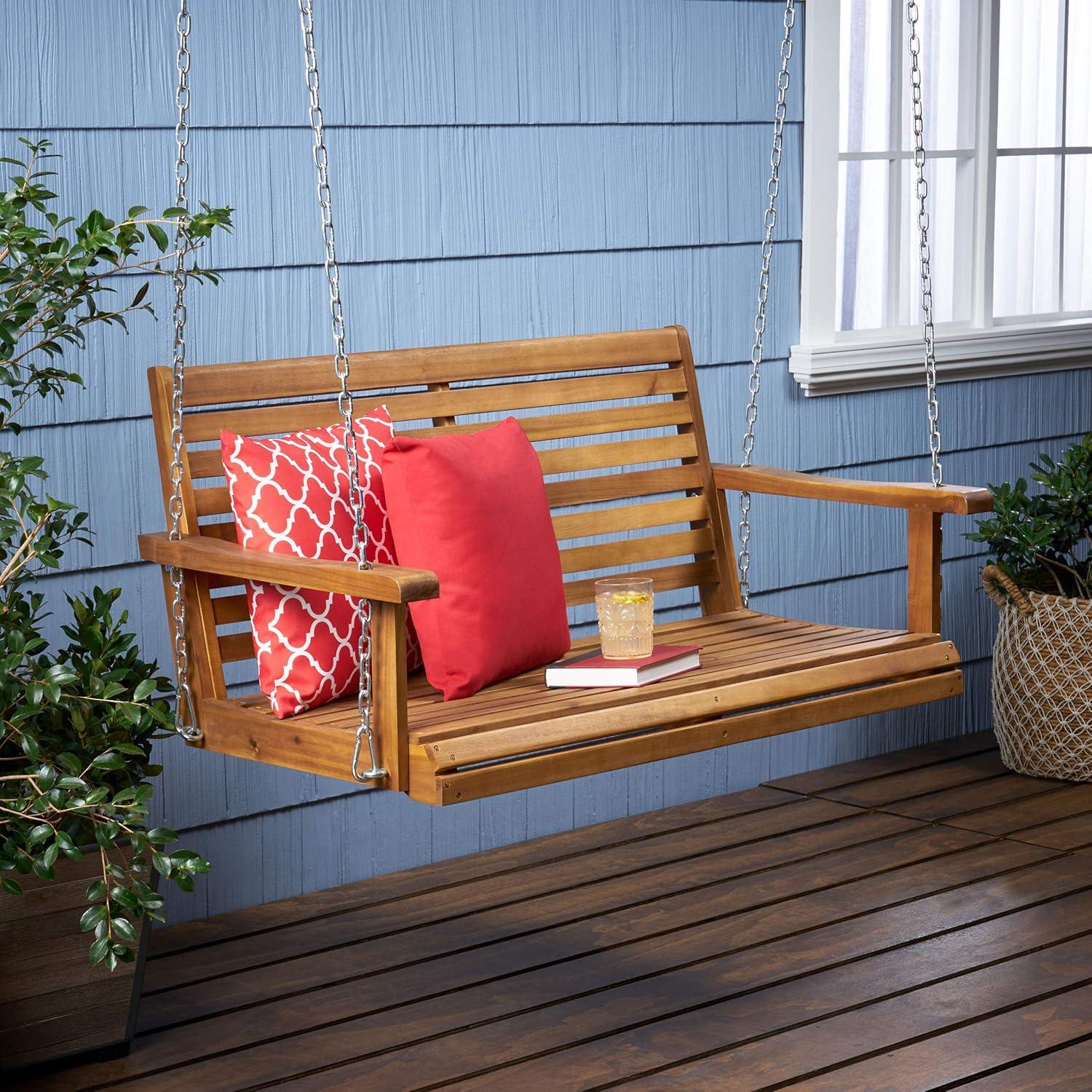 Teak Acacia Wood Outdoor Porch Swing with Slatted Design