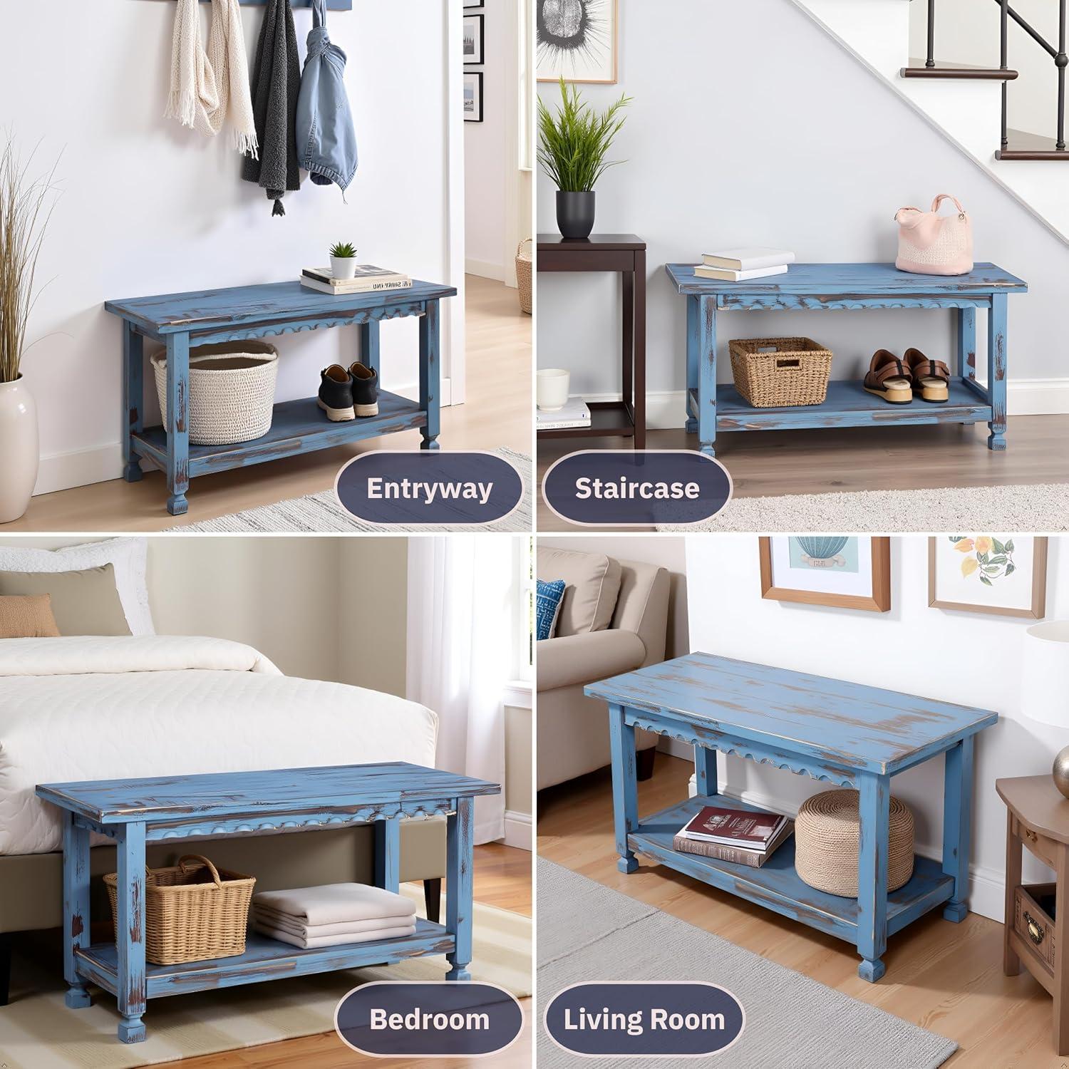 36" Bench Hardwood Blue - Alaterre Furniture: Cottage Style, Square Legs, No Back