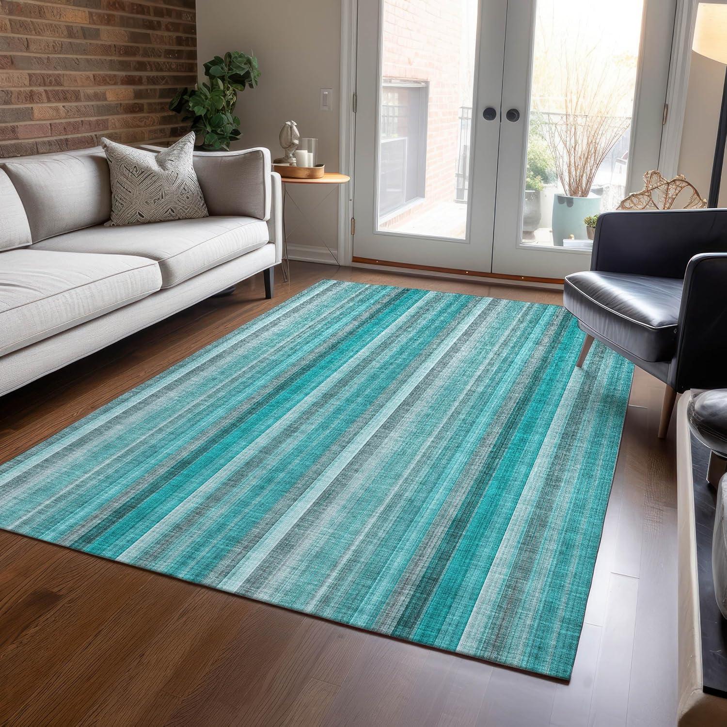 Teal and Gray Striped Synthetic Washable 3' x 5' Rug