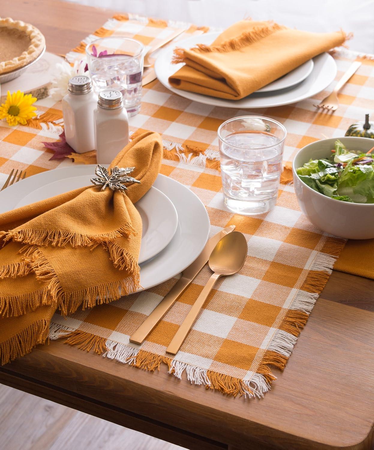 Pumpkin Spice Checkered Cotton Fringed Placemats, Set of 6