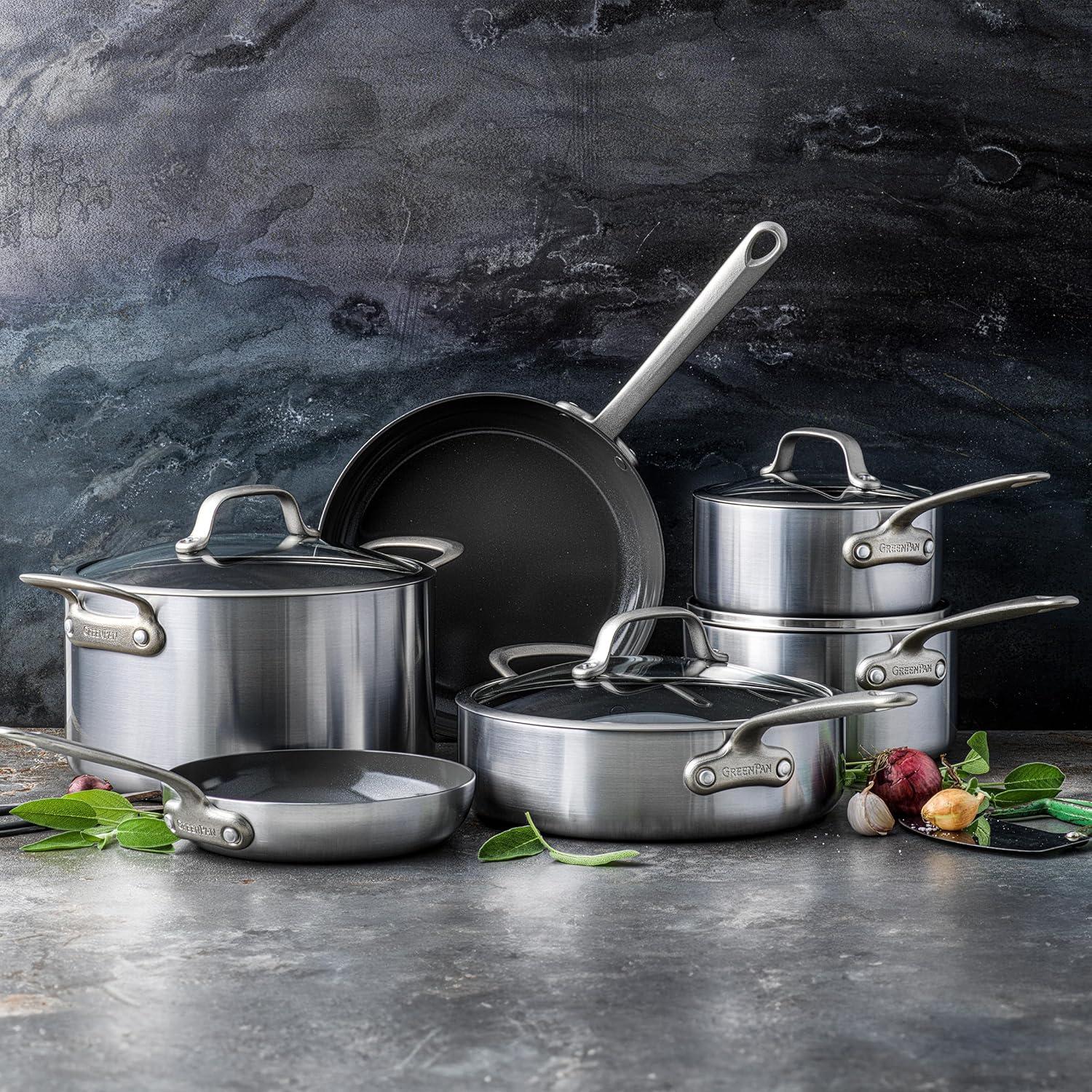 GreenPan Craft Steel 10-Piece Cookware Set with Bonus Pan Protectors, Silver