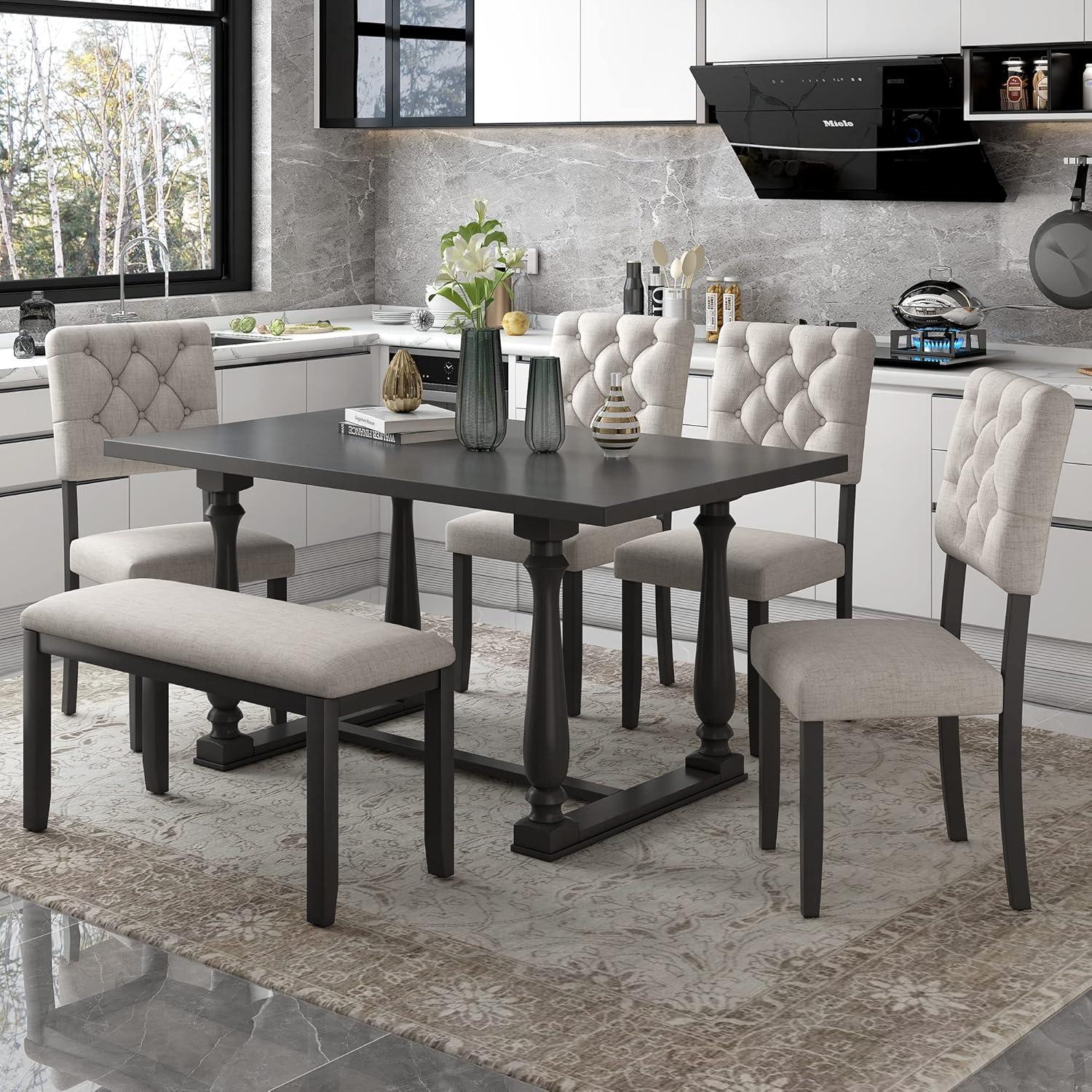 Kitchen Dining Set for 6, Retro Style Rectangular Wood Table and 4 Chairs 1 Bench with Special-Shaped Legs and Foam-Covered Seat Backs&Cushions for Family,(6 Pieces,Grey)