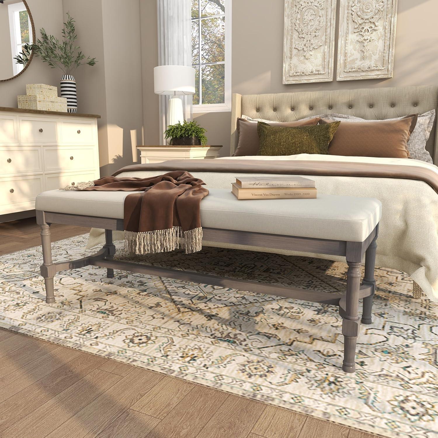 DecMode Wood Bench with Burlap Seat, Gray